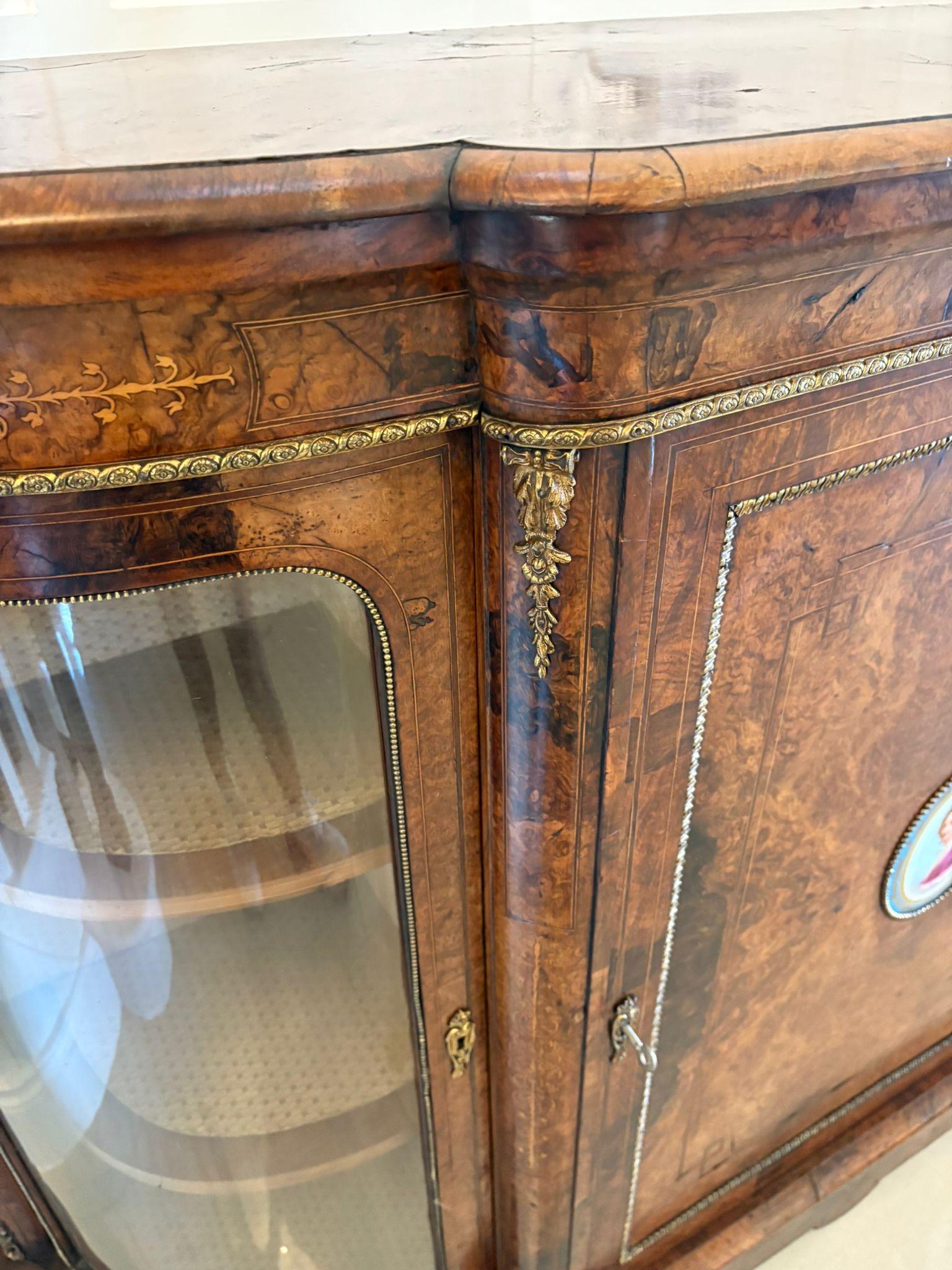 19th Century Outstanding Quality Antique Inlaid Burr Walnut Porcelain Mounted Credenza For Sale