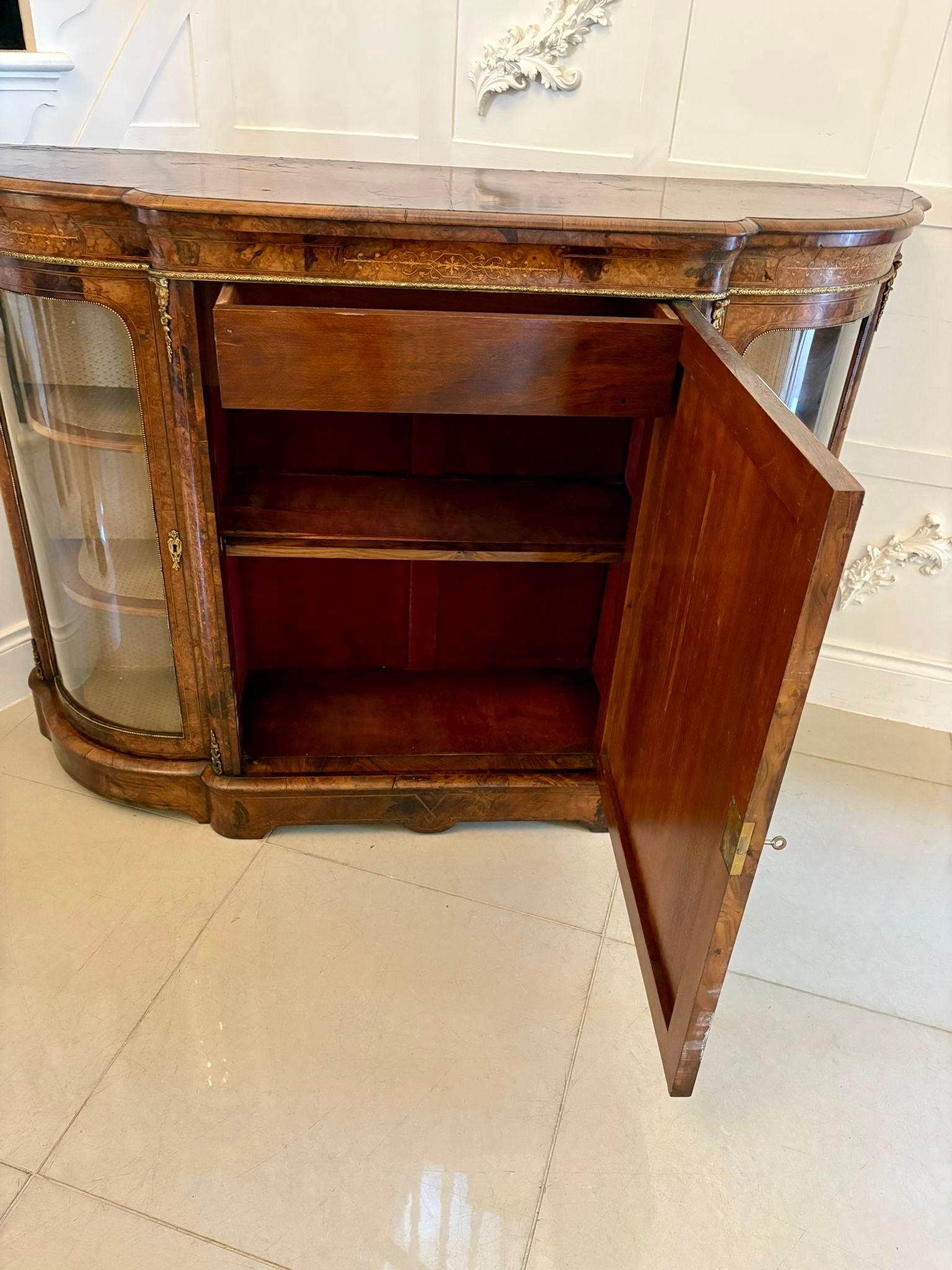 Outstanding Quality Antique Inlaid Burr Walnut Porcelain Mounted Credenza For Sale 1