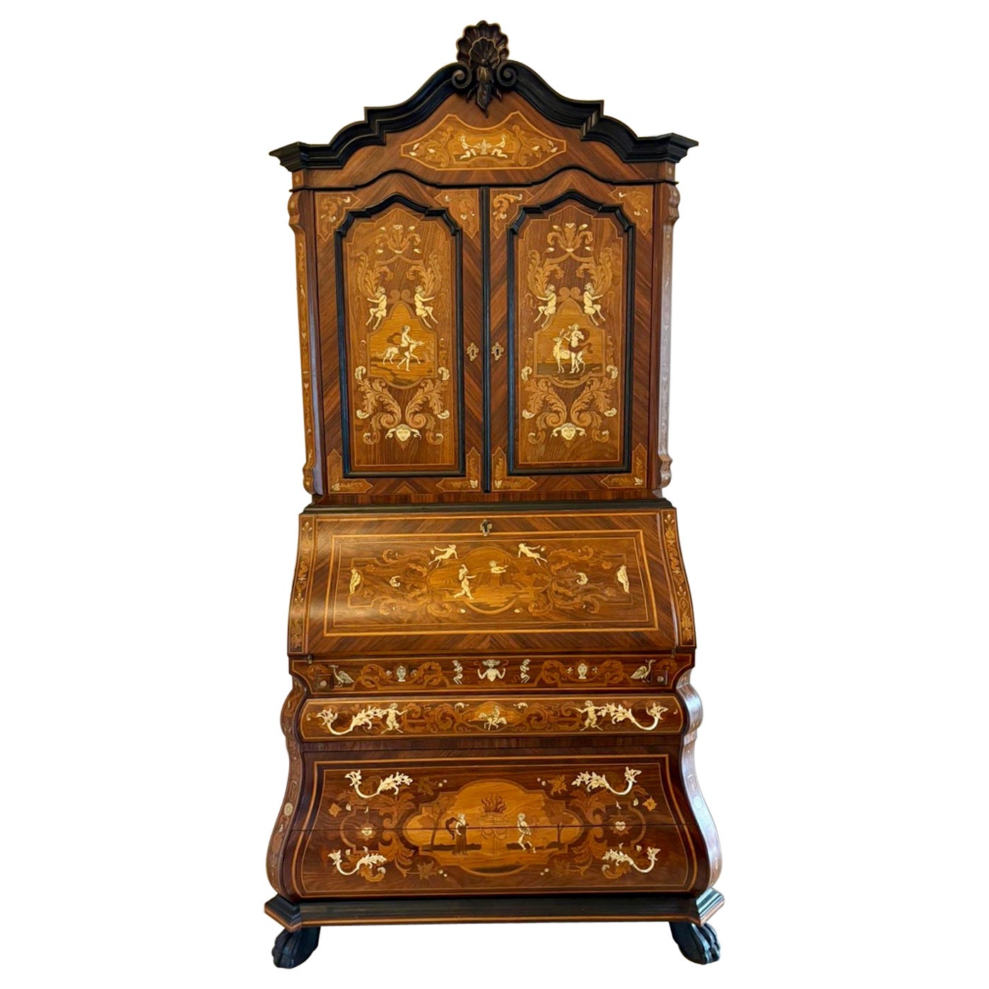 Outstanding Quality Antique Italian Marquetry Inlaid Burr Walnut Bureau Bookcase