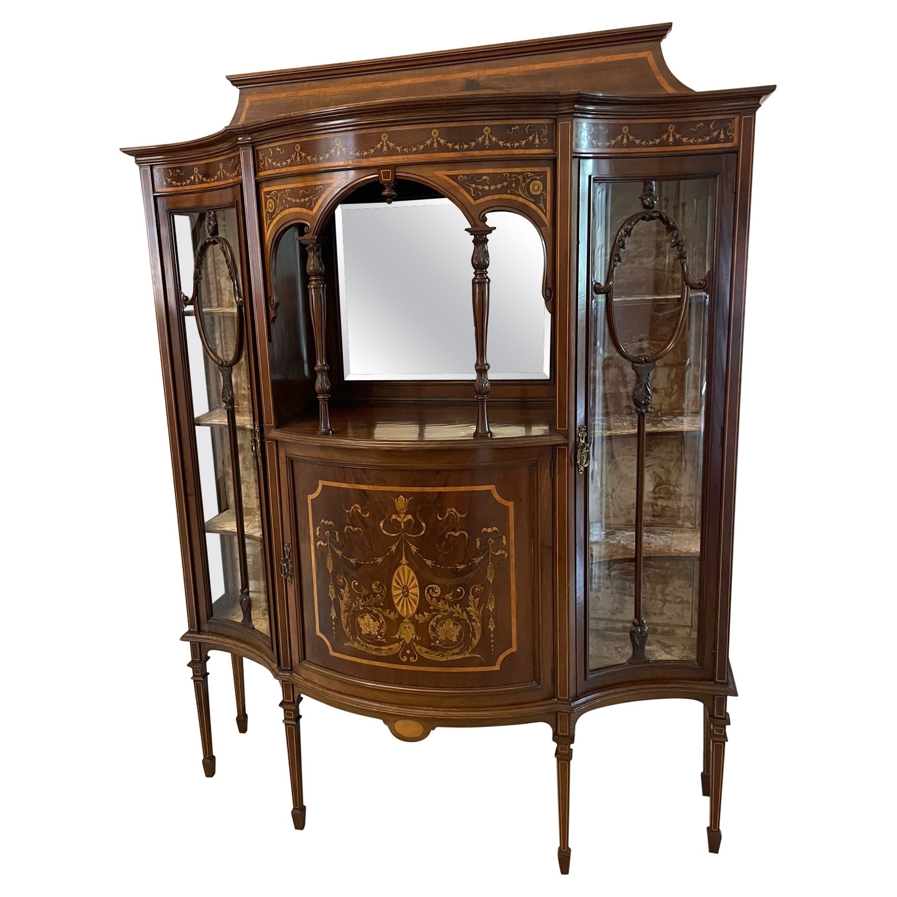 Outstanding Quality Antique Mahogany Inlaid Serpentine Shape Display Cabinet For Sale