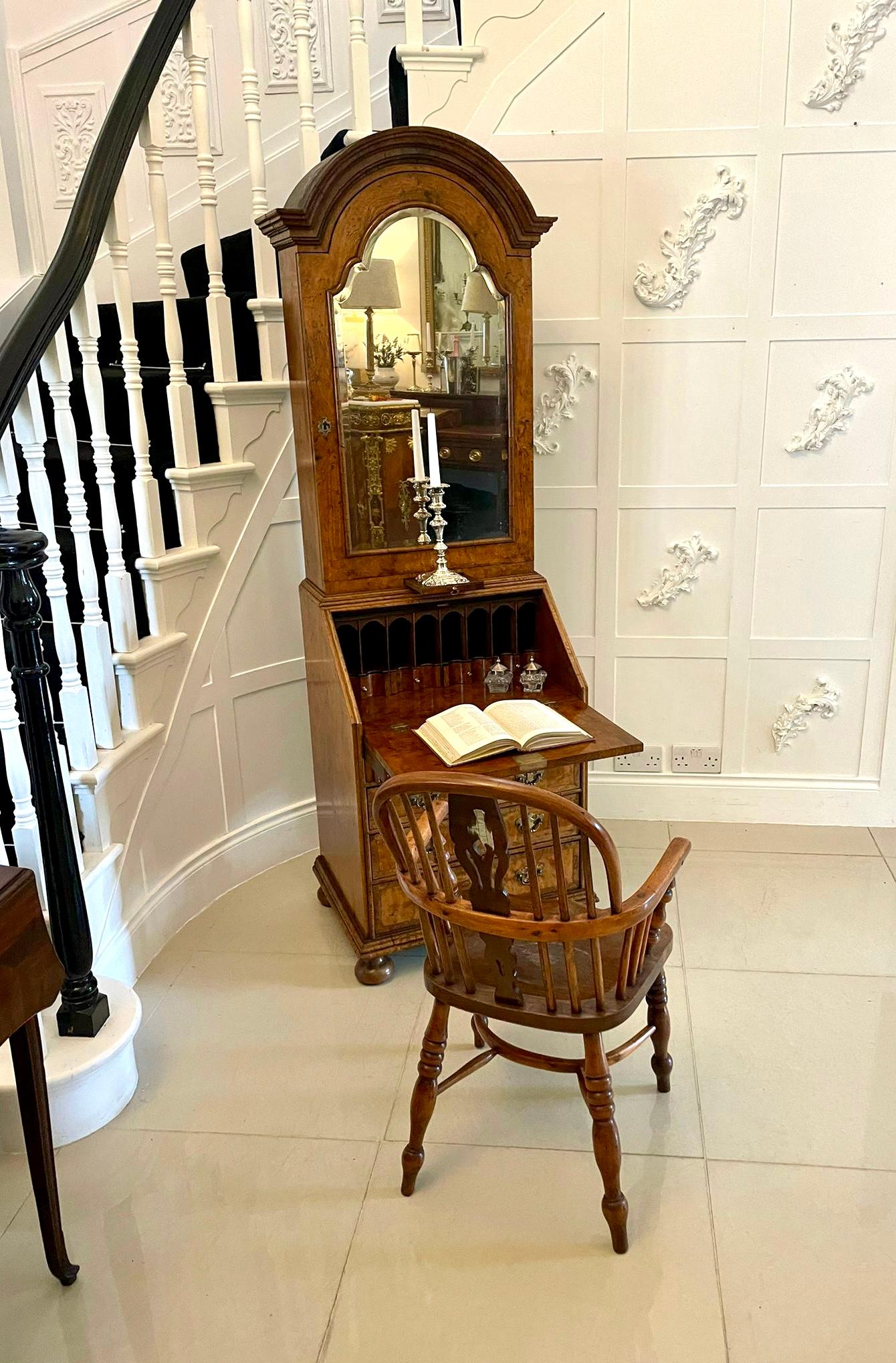 Outstanding Quality Antique Queen Anne Style Burr Walnut Bureau Bookcase For Sale 5