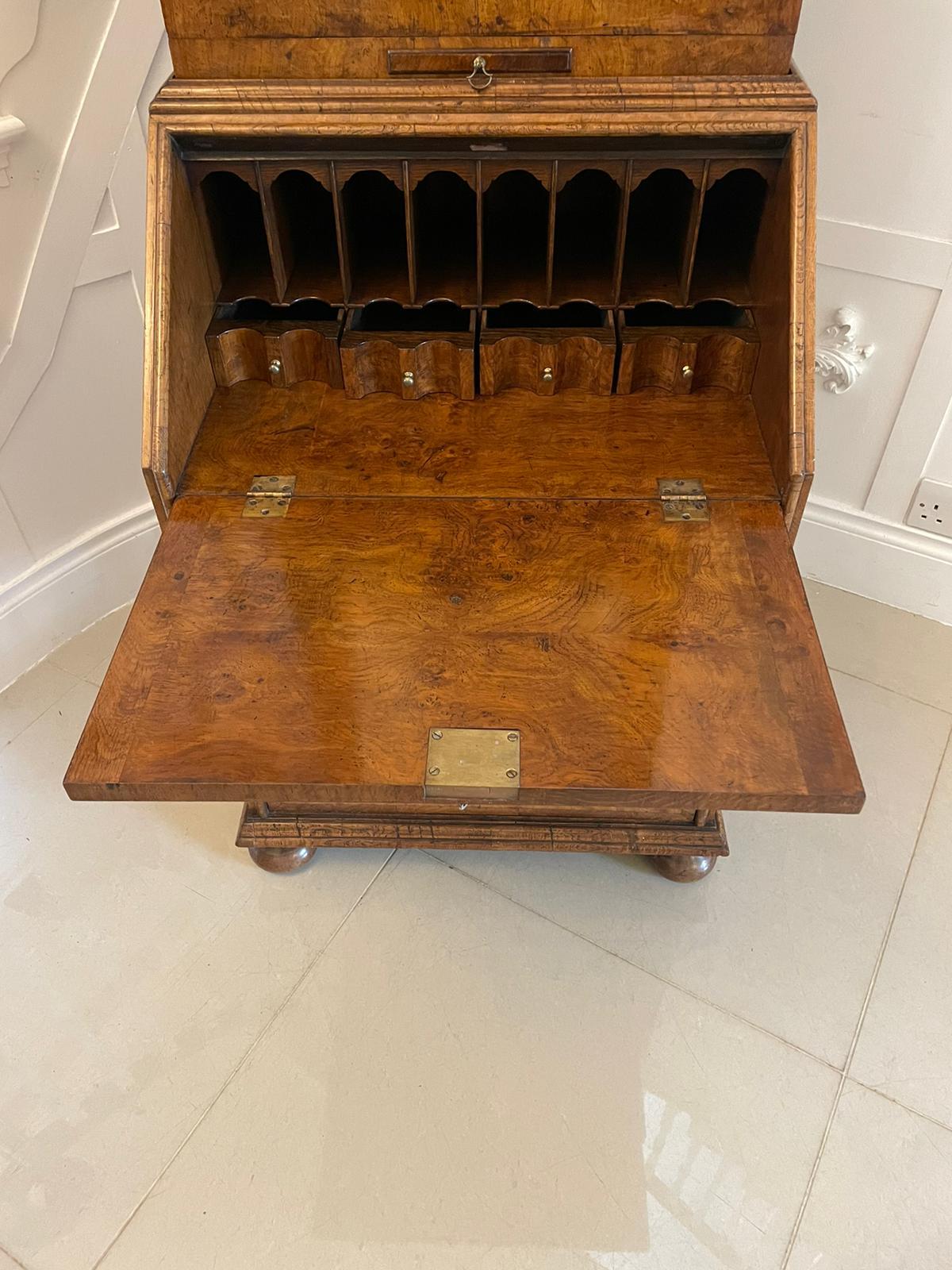 Outstanding Quality Antique Queen Anne Style Burr Walnut Bureau Bookcase For Sale 8