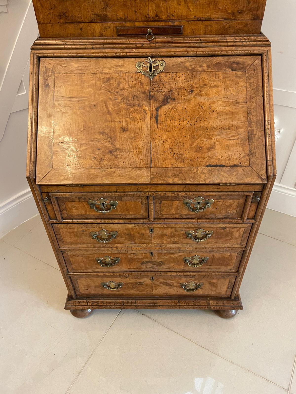 Outstanding Quality Antique Queen Anne Style Burr Walnut Bureau Bookcase For Sale 9