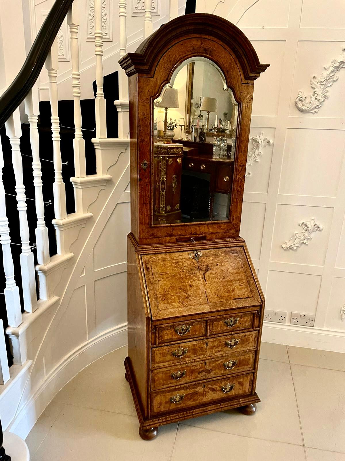 Outstanding quality Queen Anne style burr walnut bureau bookcase having an arched shaped cornice above a shaped bevel edge mirror door opening to reveal 3 adjustable shelves and a candle slide above the bureau full opening to reveal a serpentine