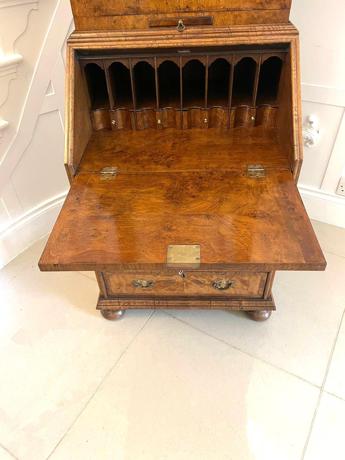 English Outstanding Quality Antique Queen Anne Style Burr Walnut Bureau Bookcase For Sale
