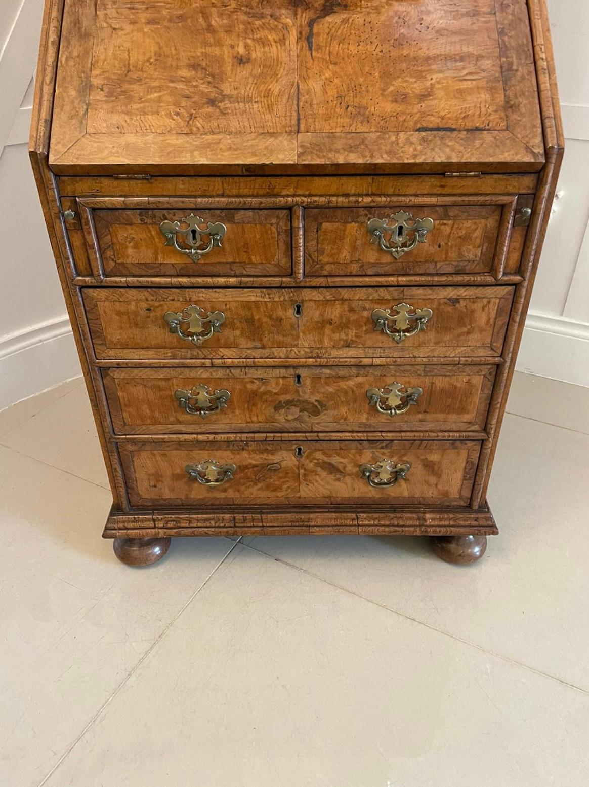19th Century Outstanding Quality Antique Queen Anne Style Burr Walnut Bureau Bookcase For Sale