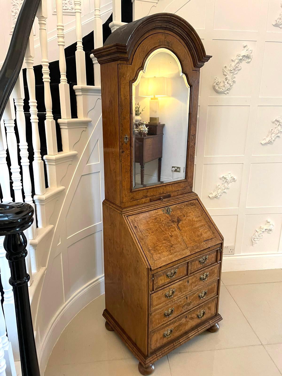 Outstanding Quality Antique Queen Anne Style Burr Walnut Bureau Bookcase For Sale 3