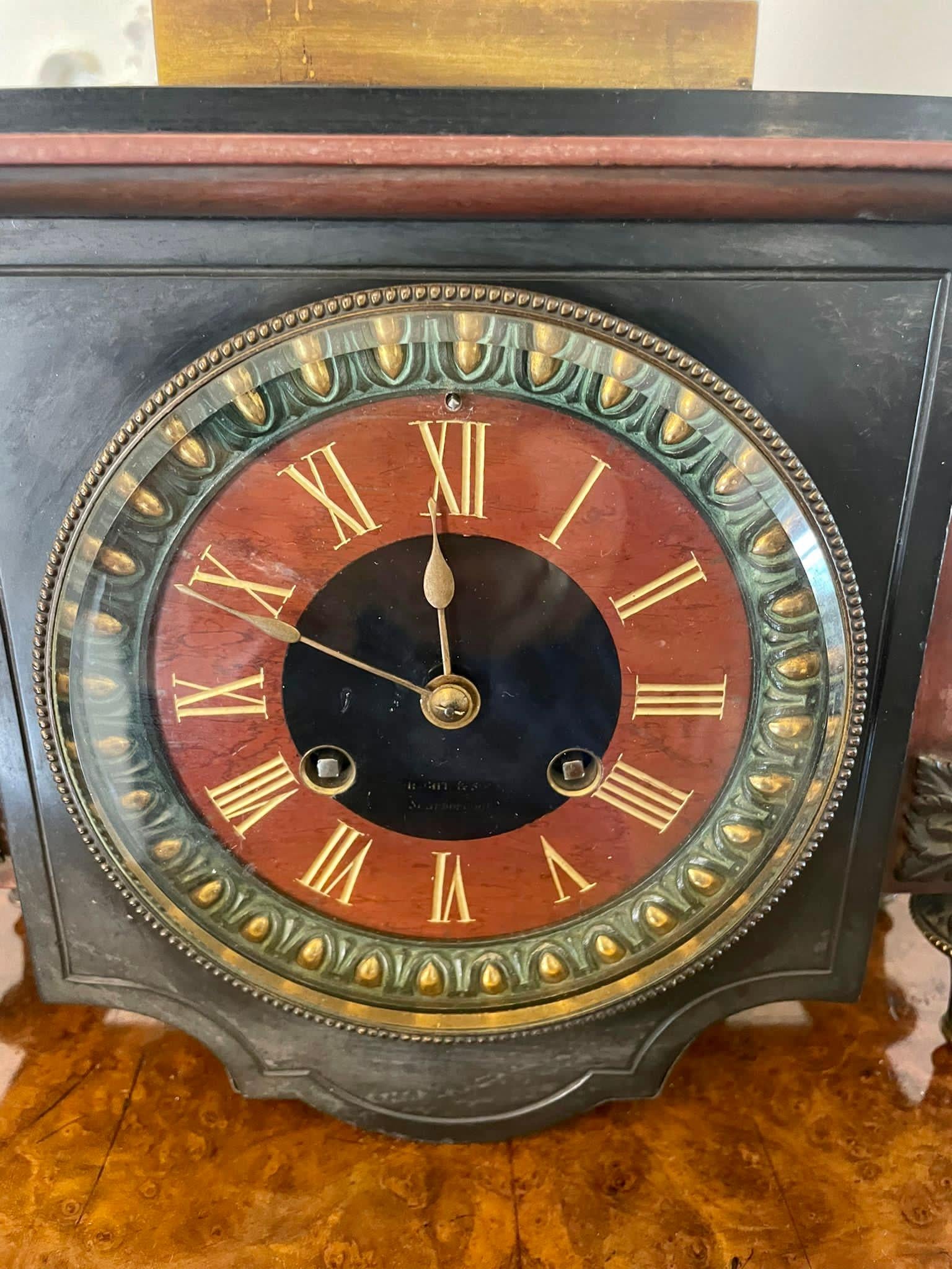 Outstanding Quality Antique Regency Bronze and Marble Clock Set For Sale 6