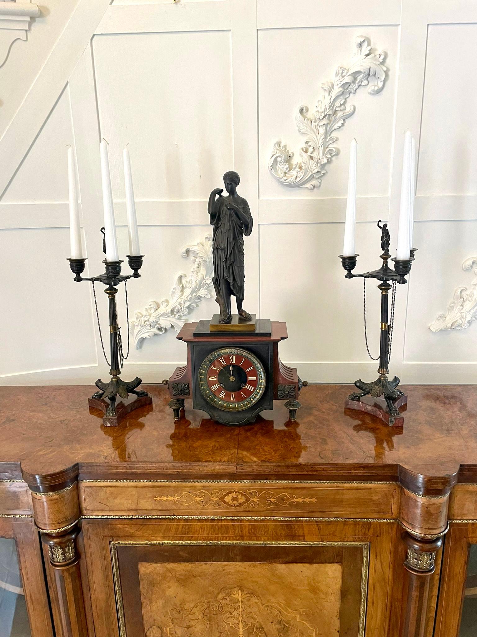 Outstanding Quality Antique Regency Bronze and Marble Clock Set For Sale 1