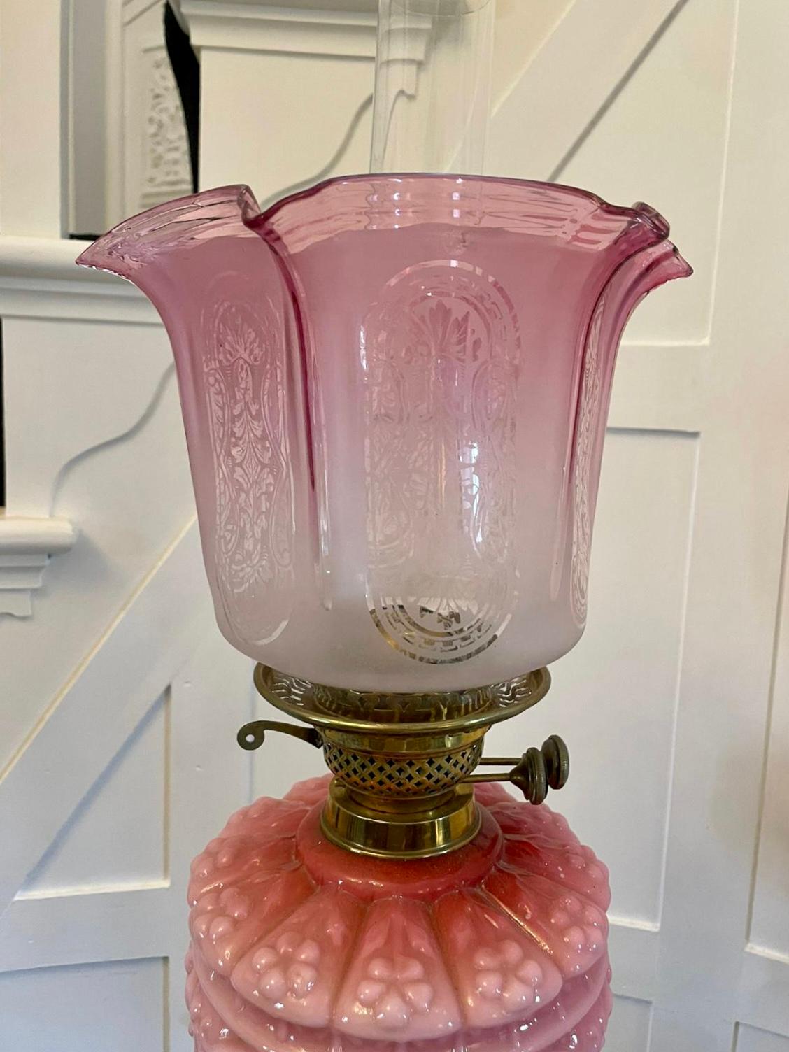Outstanding Quality Antique Victorian Brass and Pink Glass Oil Lamp 2