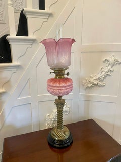 Outstanding Quality Antique Victorian Brass and Pink Glass Oil Lamp