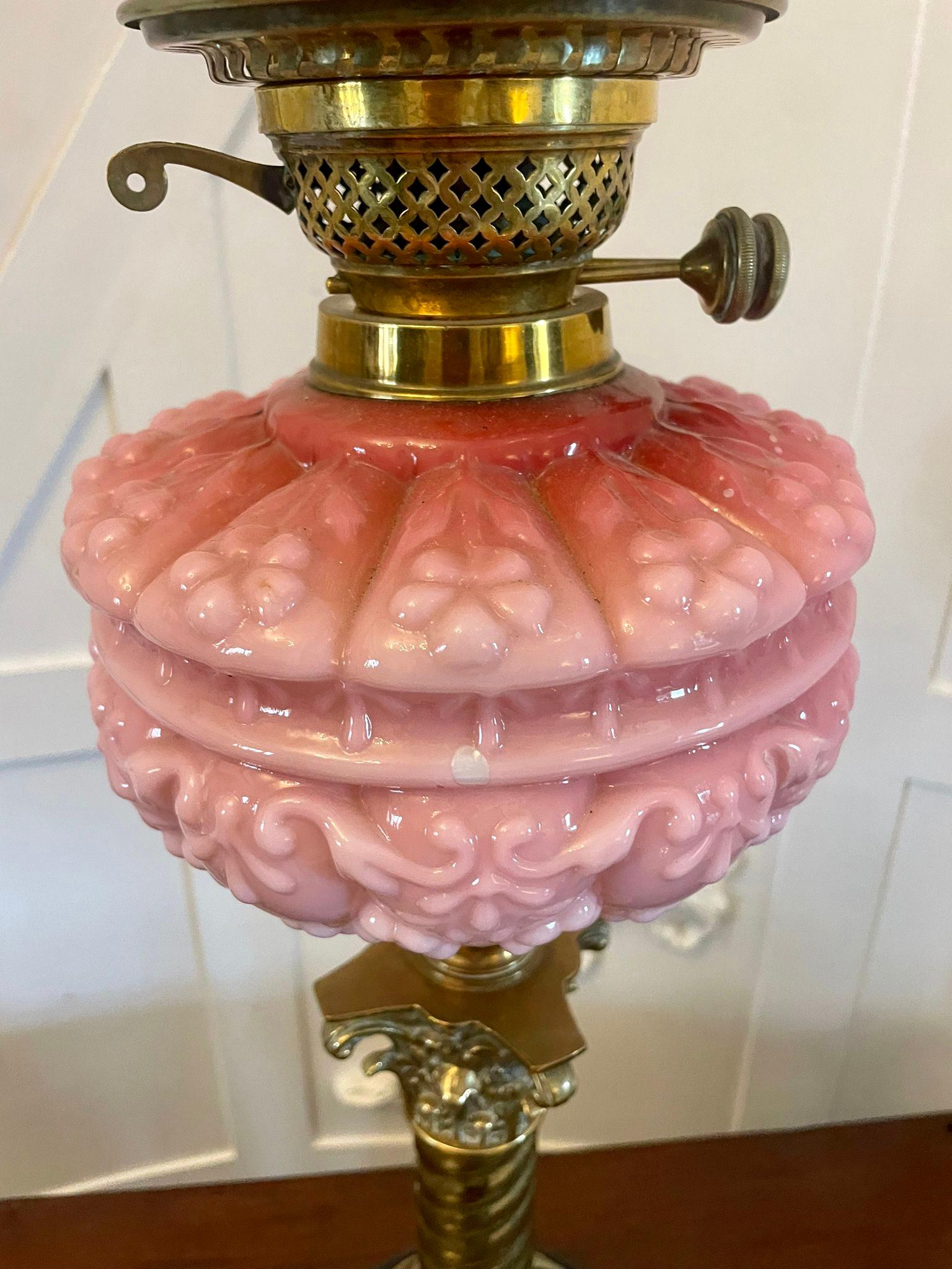 English Outstanding Quality Antique Victorian Brass and Pink Glass Oil Lamp