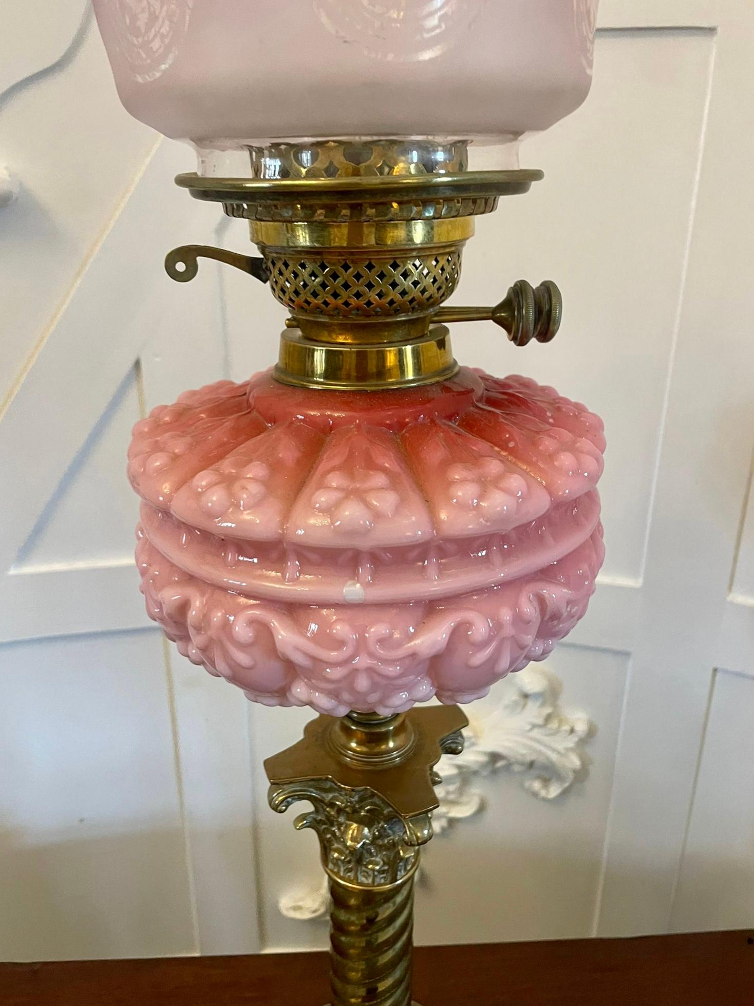 Outstanding Quality Antique Victorian Brass and Pink Glass Oil Lamp 1