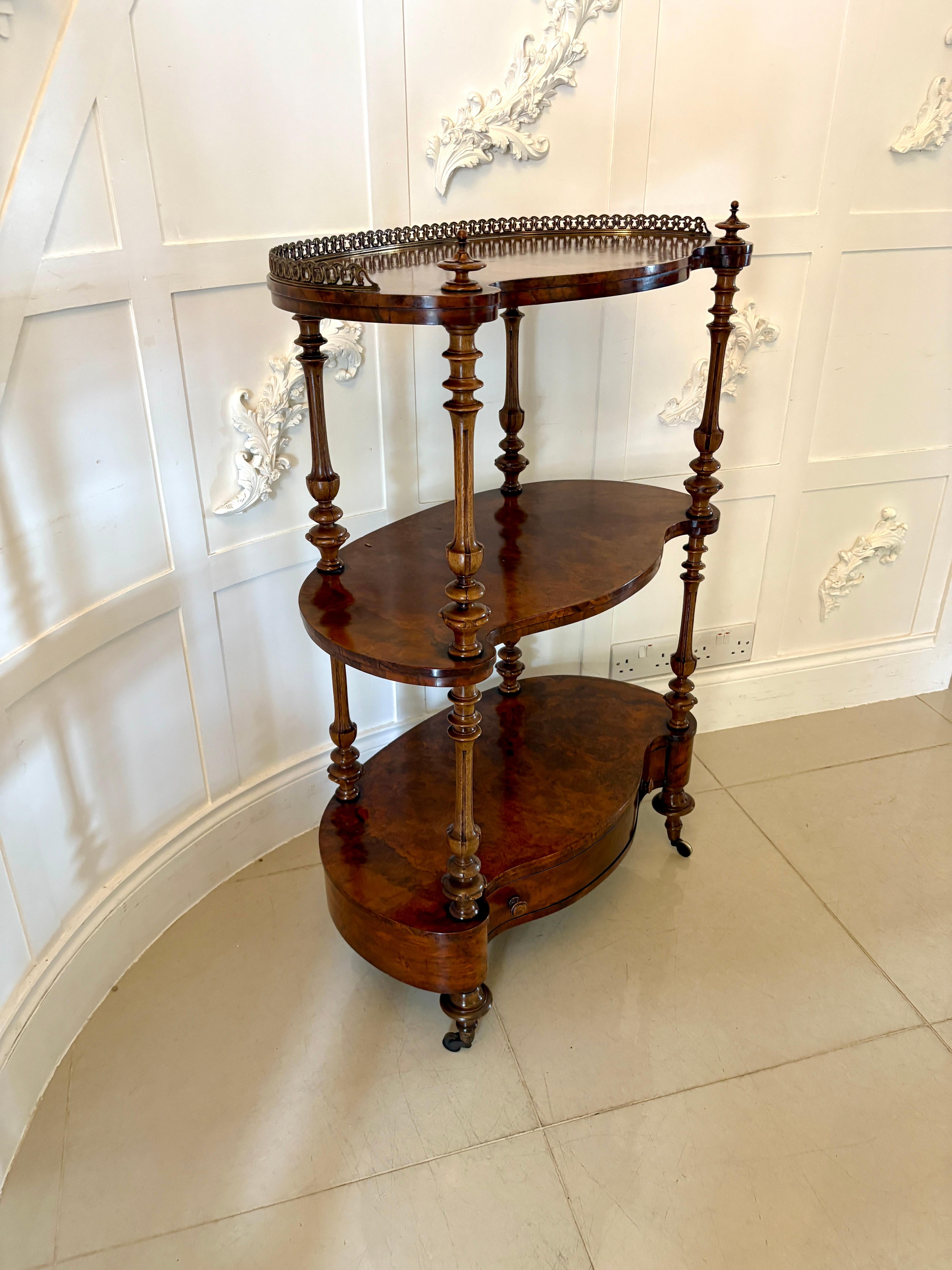 Outstanding Quality Antique Victorian Burr Walnut Serpentine Shaped Whatnot For Sale 8