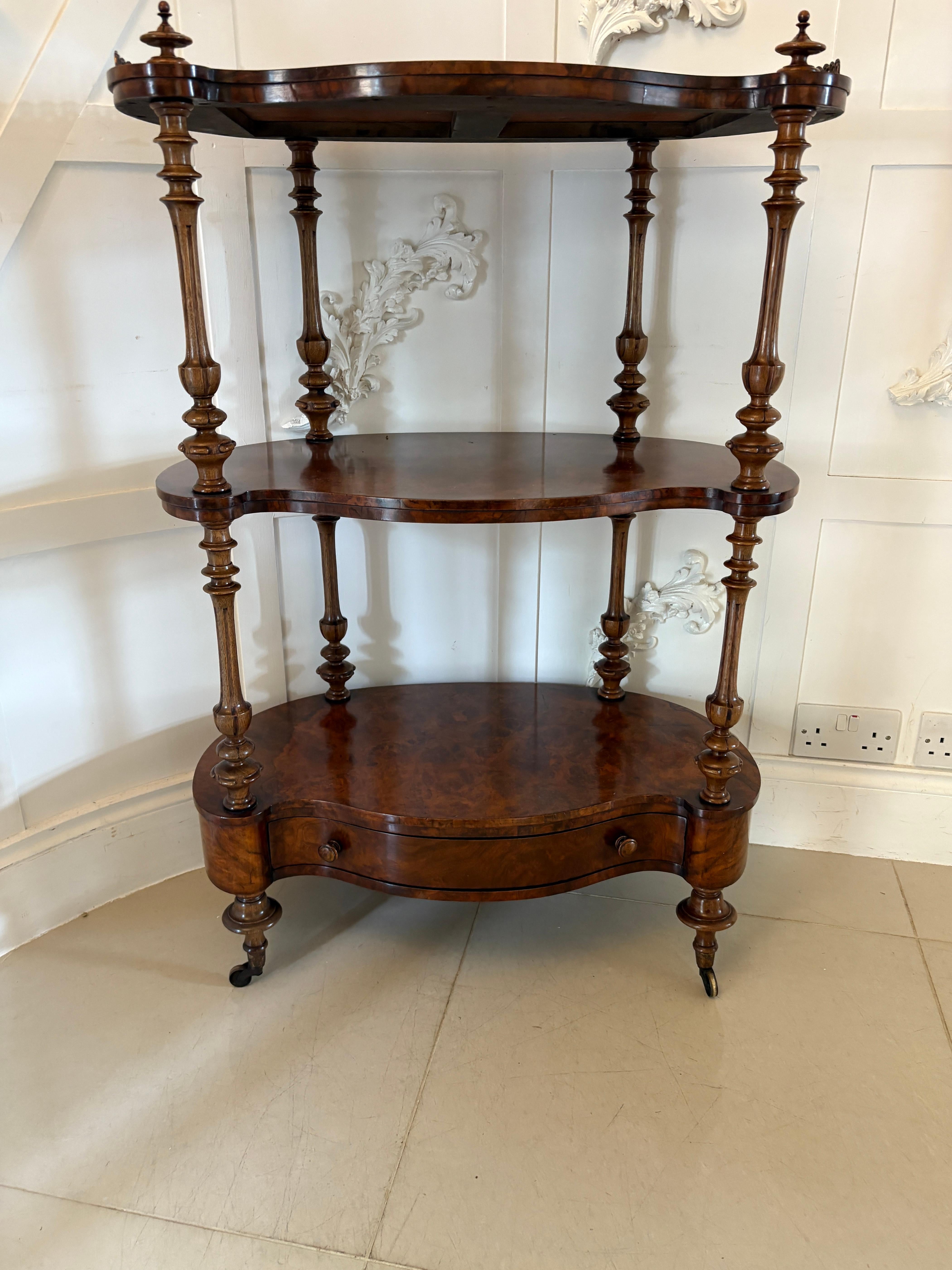 Outstanding Quality Antique Victorian Burr Walnut Serpentine Shaped Whatnot For Sale 12