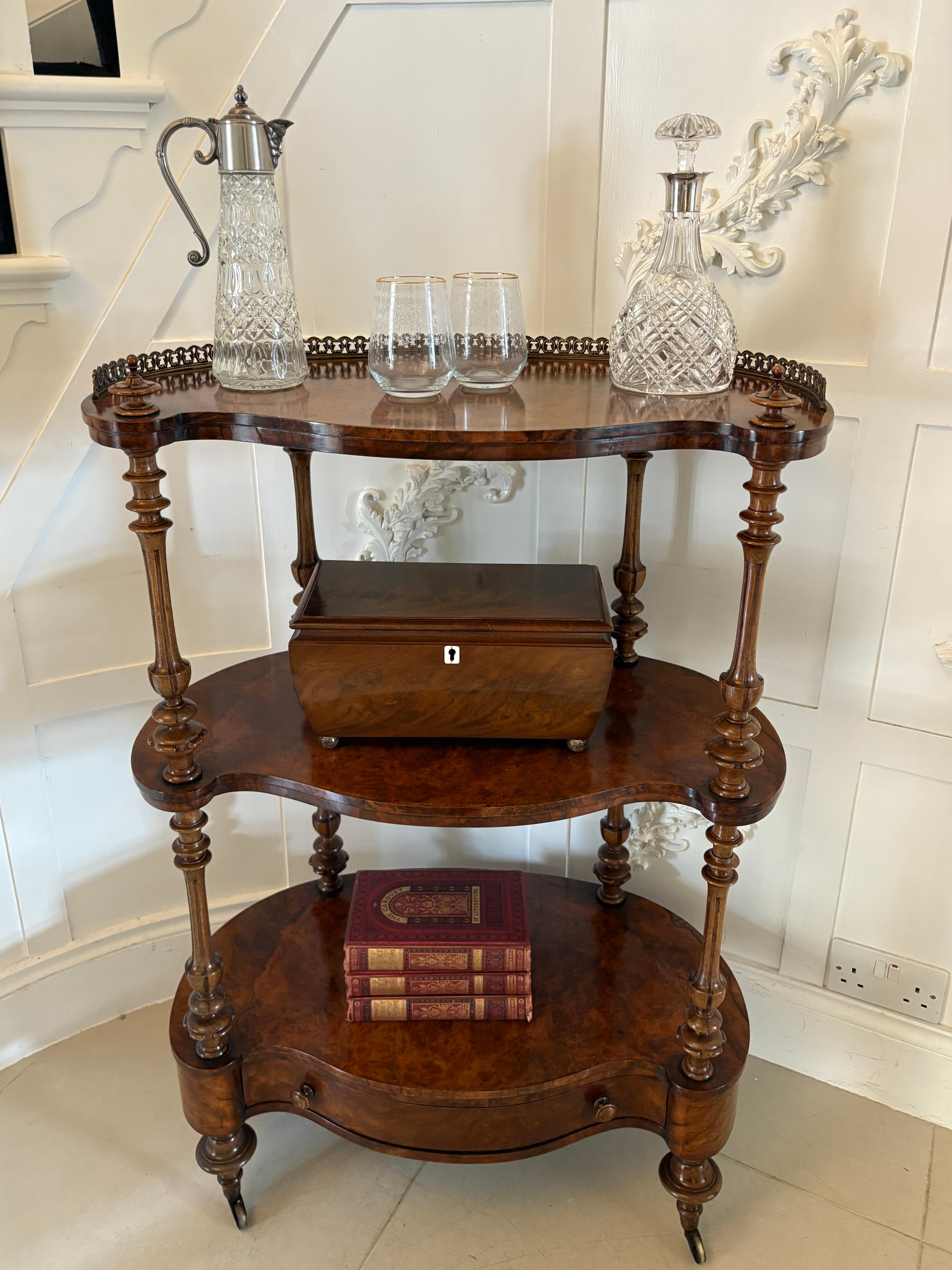 English Outstanding Quality Antique Victorian Burr Walnut Serpentine Shaped Whatnot For Sale