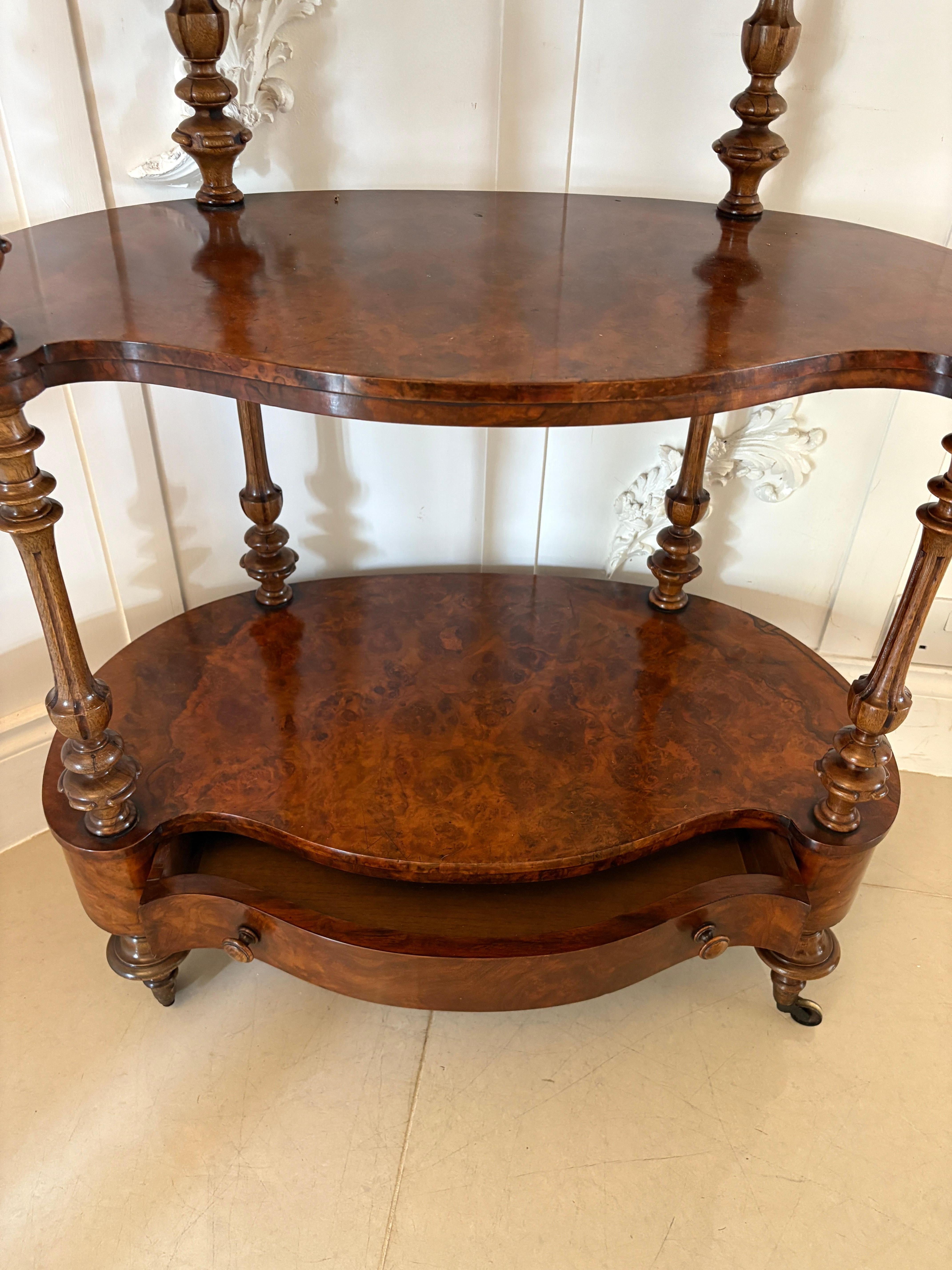 Outstanding Quality Antique Victorian Burr Walnut Serpentine Shaped Whatnot For Sale 2