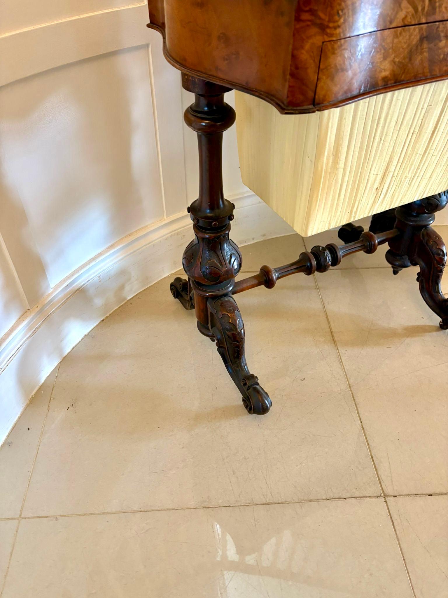 Outstanding Quality Antique Victorian Burr Walnut Sewing and Writing/Lamp Table For Sale 8