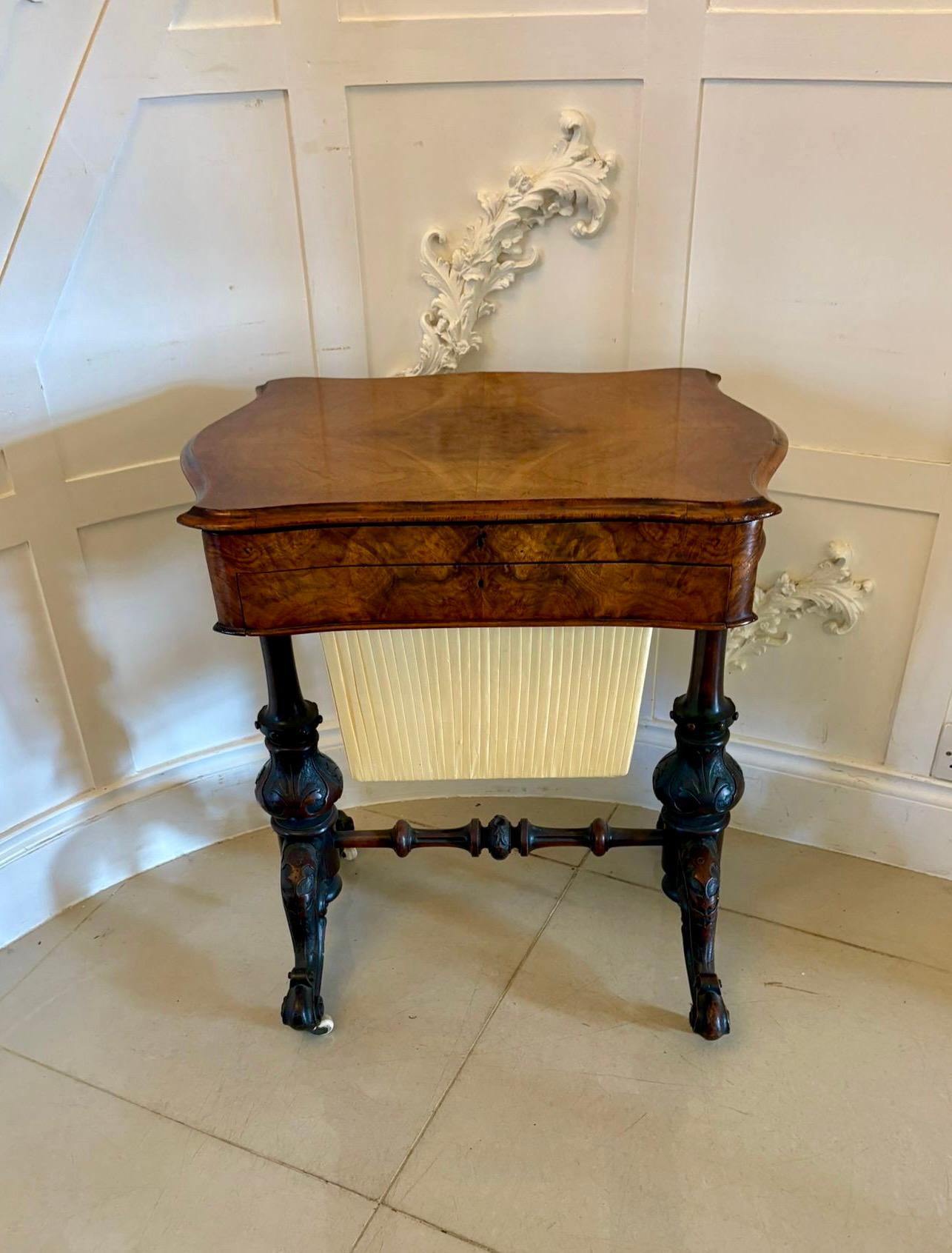 Outstanding Quality Antique Victorian Burr Walnut Sewing and Writing/Lamp Table For Sale 9
