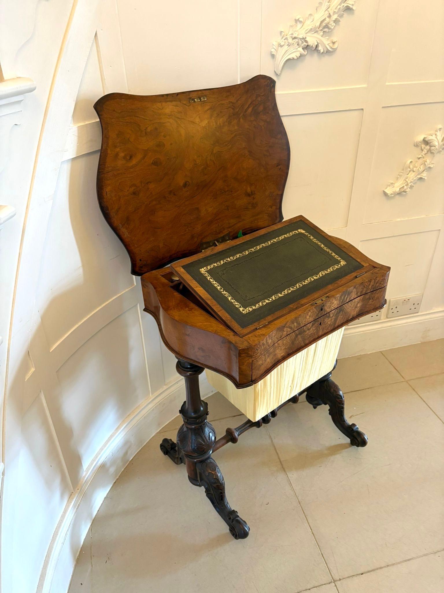 English Outstanding Quality Antique Victorian Burr Walnut Sewing and Writing/Lamp Table For Sale