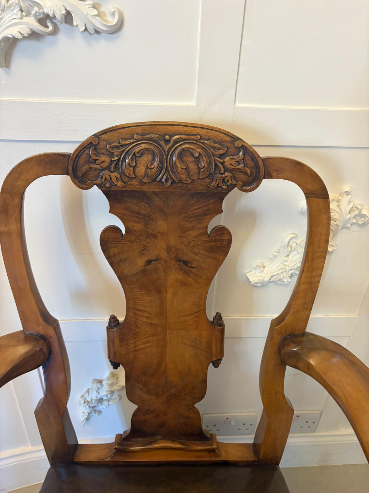 Outstanding quality antique Victorian carved walnut desk chair having an outstanding quality carved walnut shape top rail, fantastic shaped burr walnut centre splat, shaped walnut open arms, original leather seat standing on shaped cabriole legs