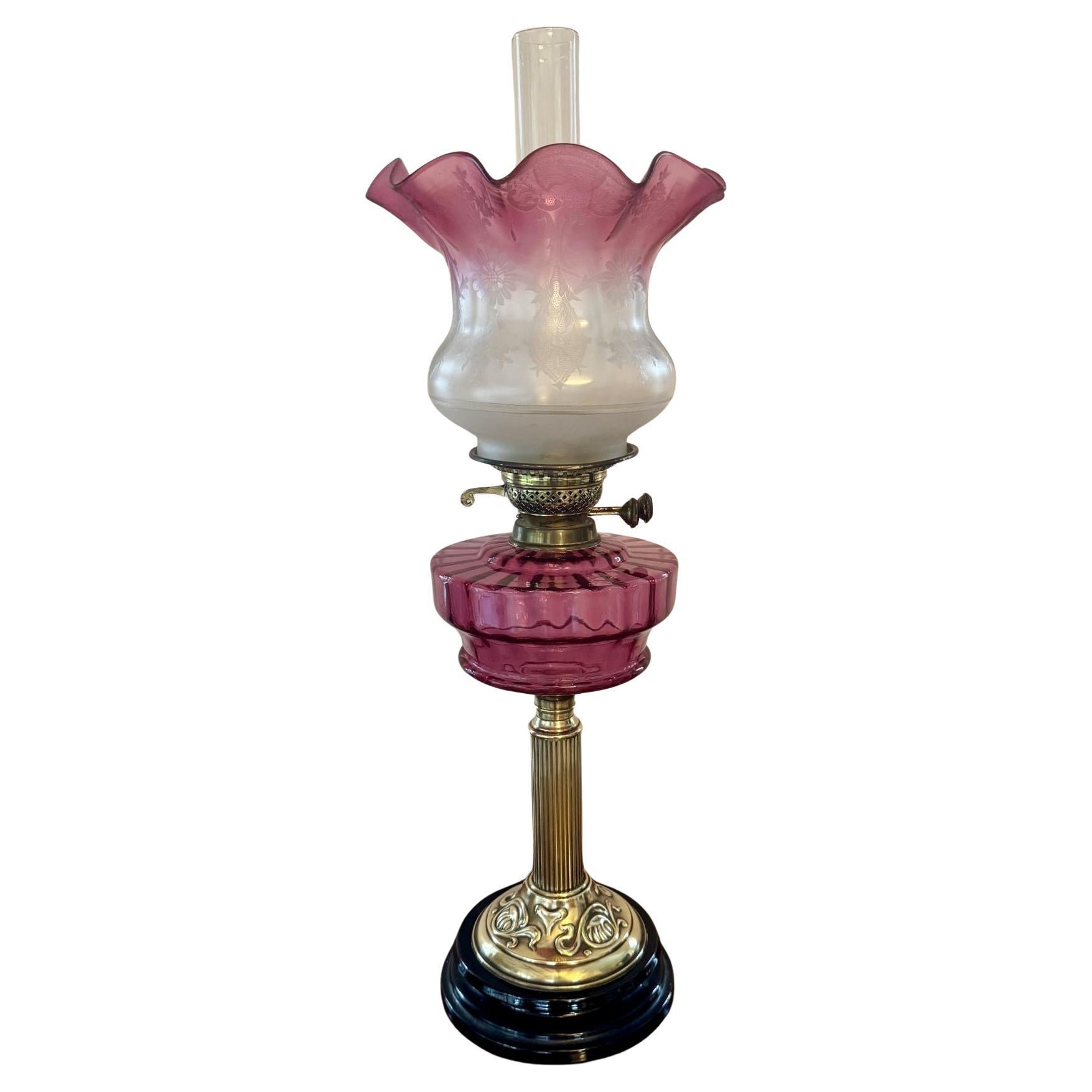Outstanding quality antique Victorian cranberry glass oil lamp