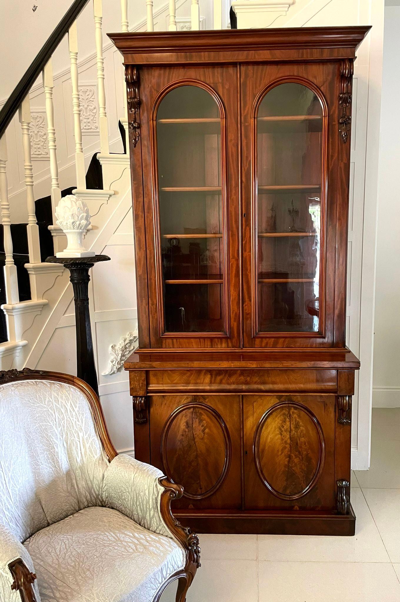 English Outstanding Quality Antique Victorian Figured Mahogany Glazed Cupboard Bookcase  For Sale