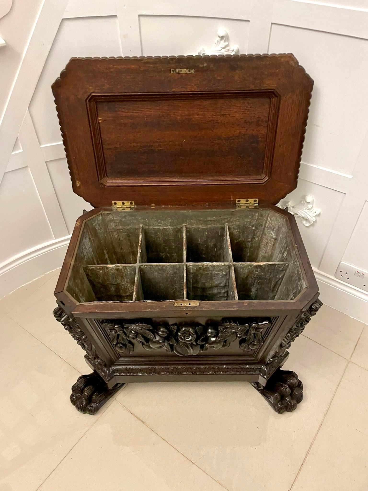 English Outstanding Quality Antique Victorian Freestanding Carved Oak Wine Cooler  For Sale