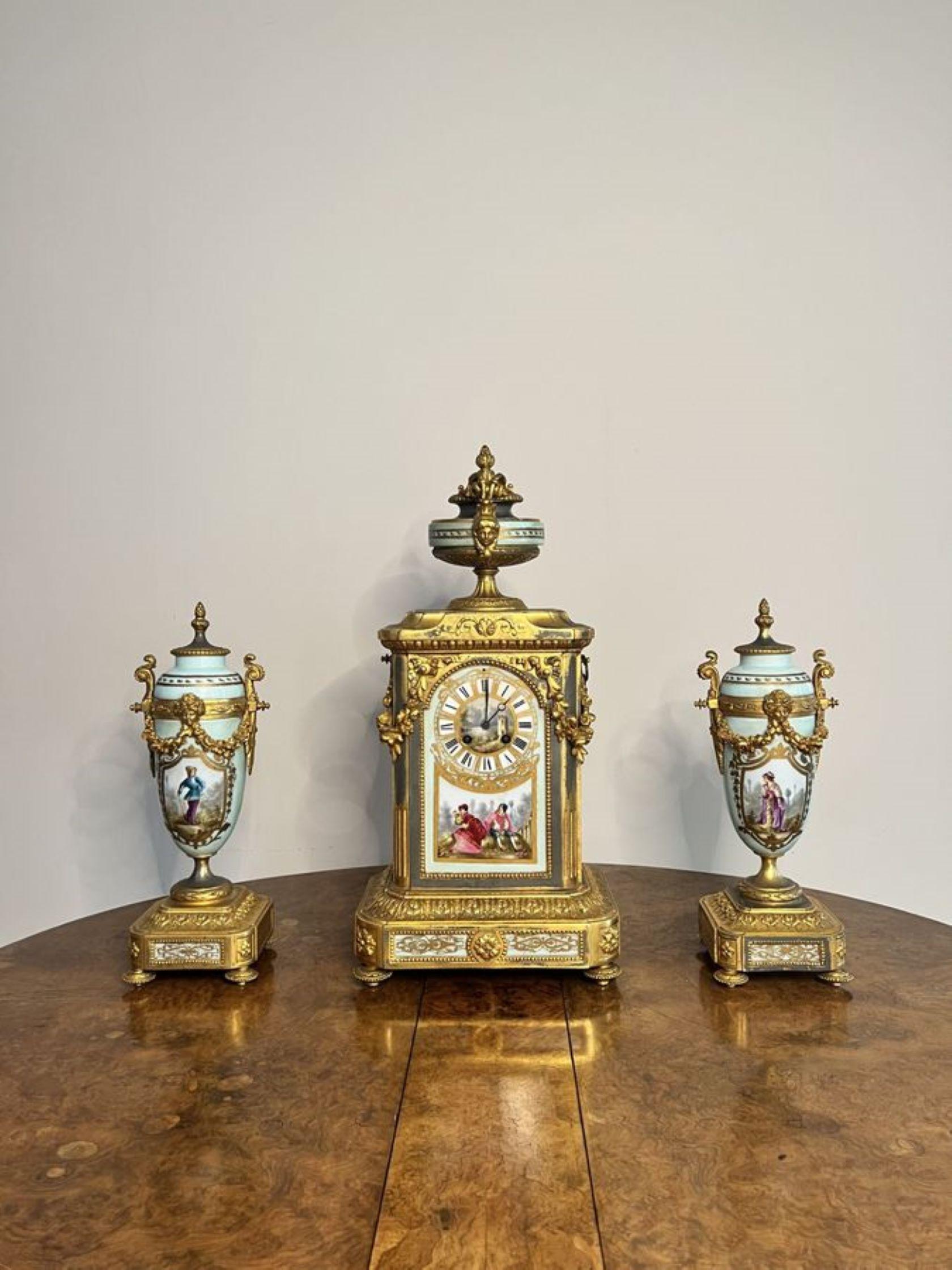 Outstanding quality antique Victorian French mantle clock garniture set  For Sale 4