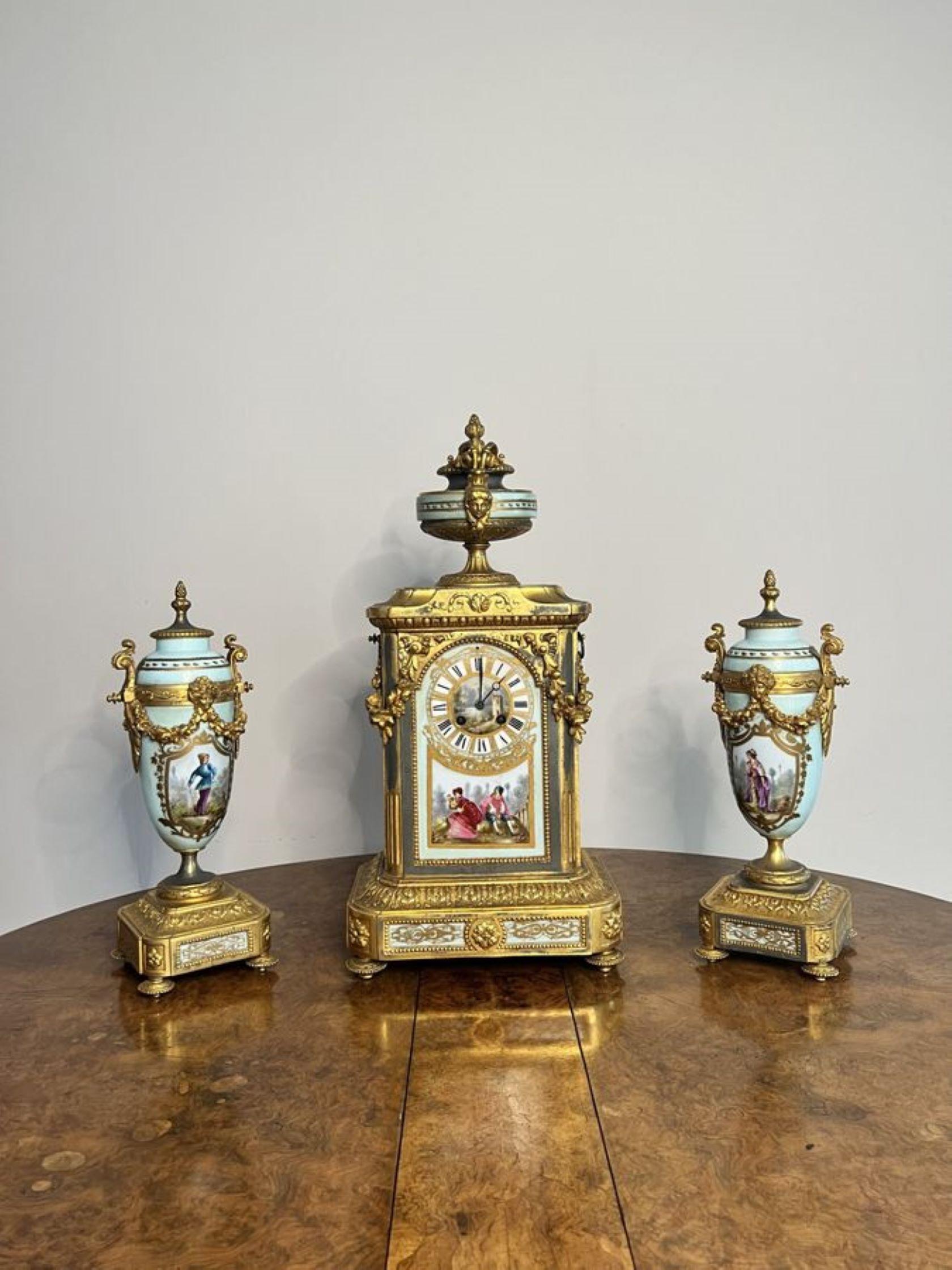 Outstanding quality antique Victorian French mantle clock garniture set  For Sale 6
