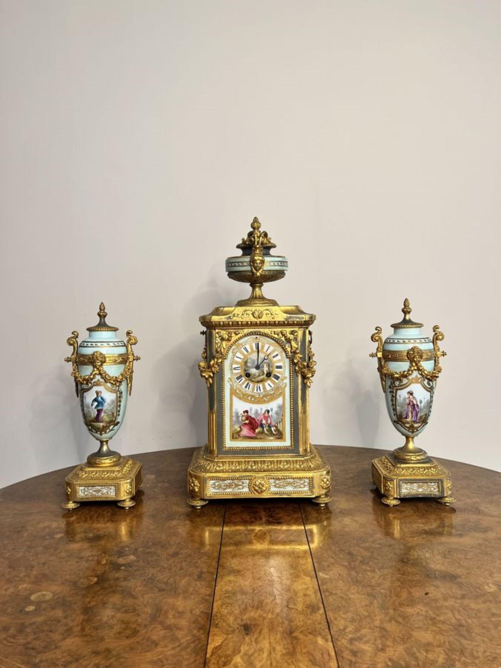 Metal Outstanding quality antique Victorian French mantle clock garniture set  For Sale
