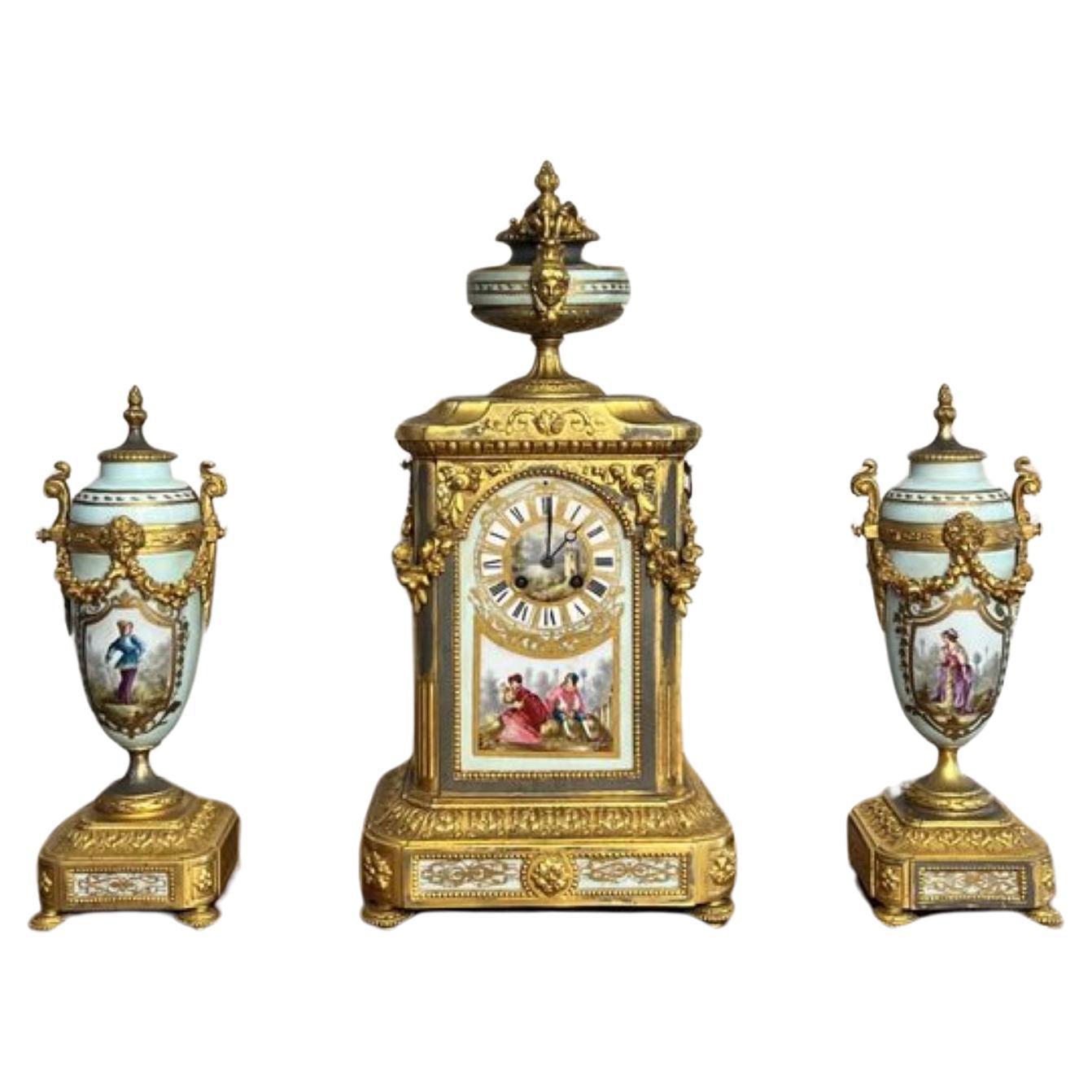 Outstanding quality antique Victorian French mantle clock garniture set 