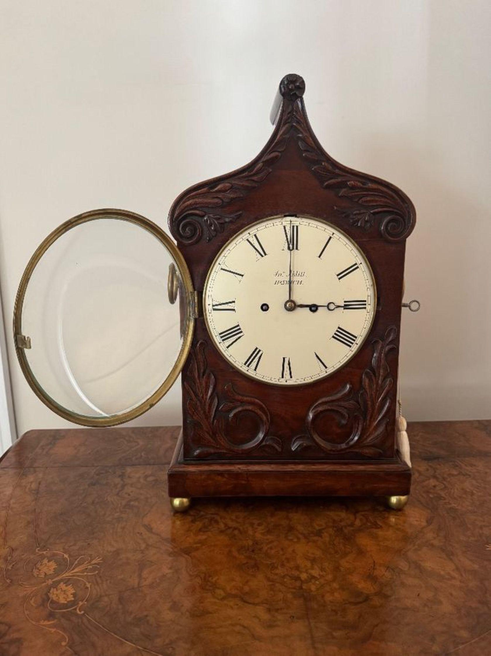 Outstanding quality antique Victorian mahogany bracket clock,  having a quality antique Victorian mahogany bracket clock with a ogee top with beautiful scroll and leaf carving detail, having a large dial signed J Ablitt Ipswich with black Roman