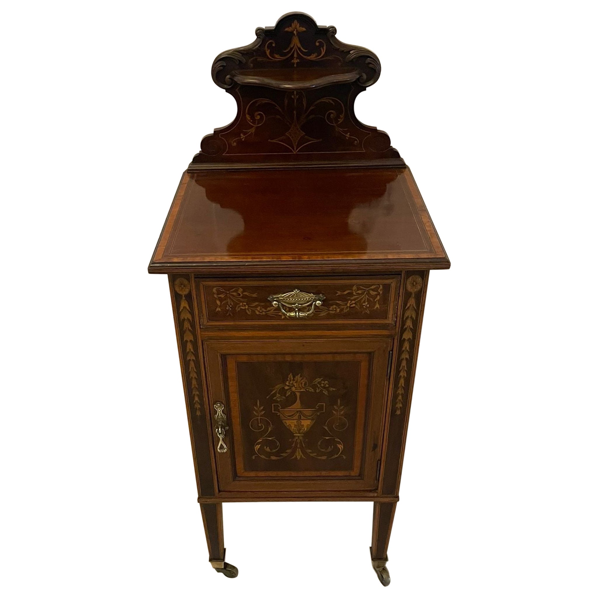 Ancienne table de chevet victorienne en marqueterie d'acajou d'une qualité exceptionnelle
