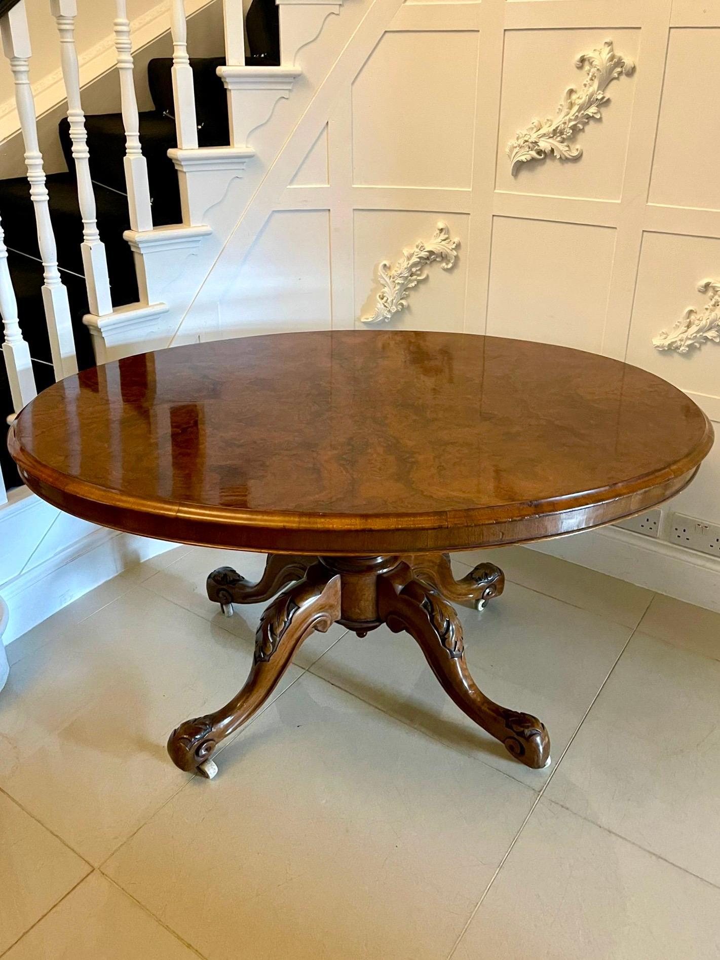 English Outstanding Quality Antique Victorian Oval Burr Walnut Dining Table