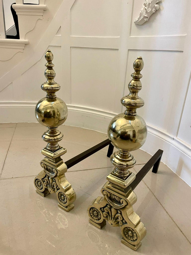 Outstanding Quality Antique Victorian Pair of Ornate Brass Fire Dogs