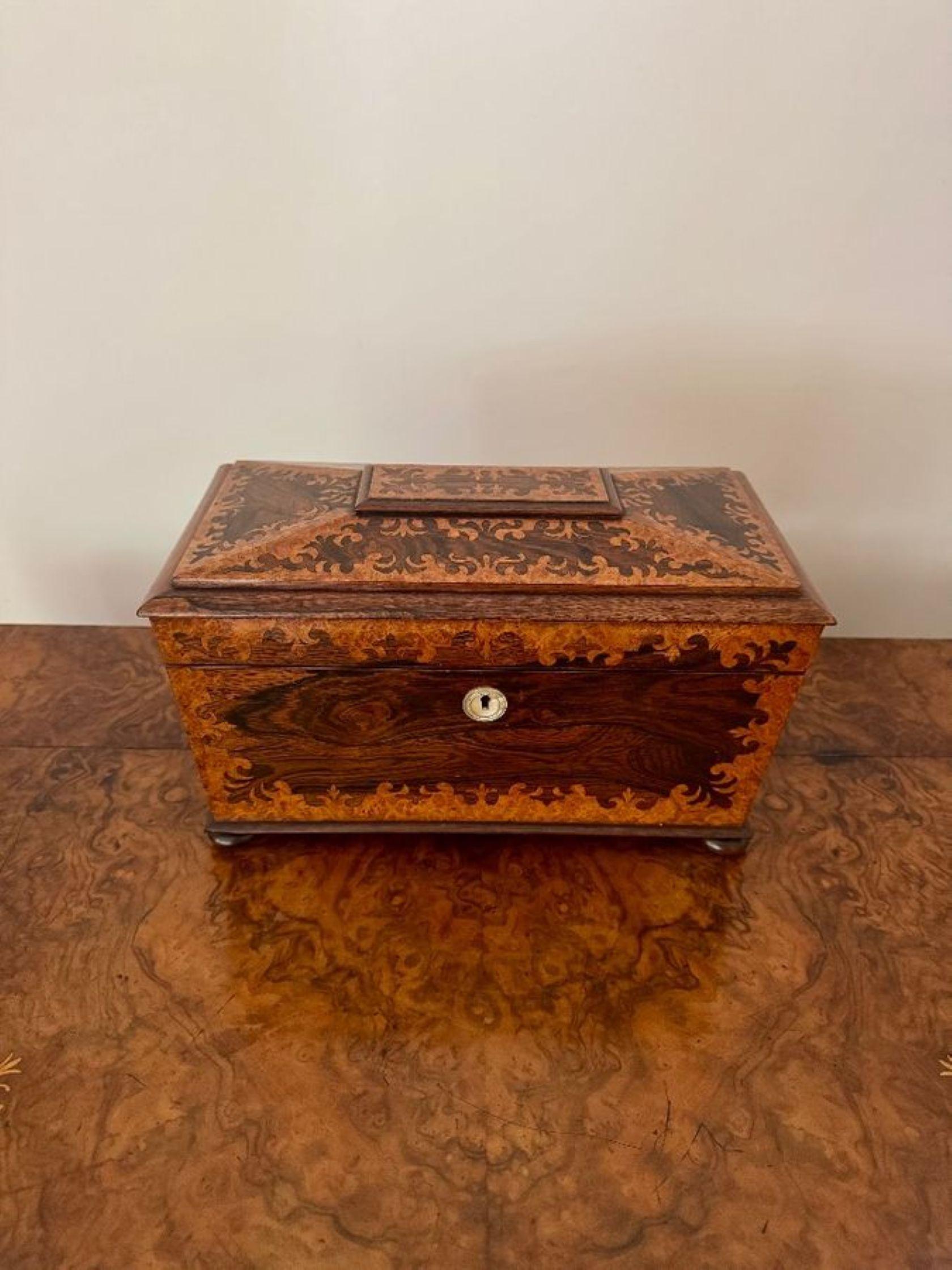 Outstanding quality antique Victorian rosewood and burr maple tea caddy For Sale 4