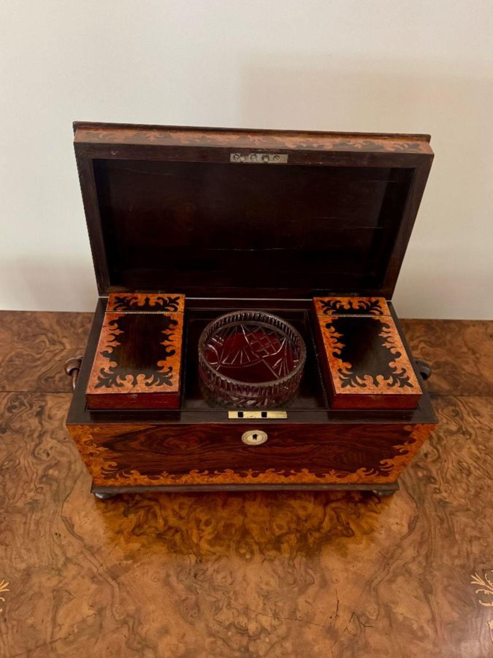 19th Century Outstanding quality antique Victorian rosewood and burr maple tea caddy For Sale