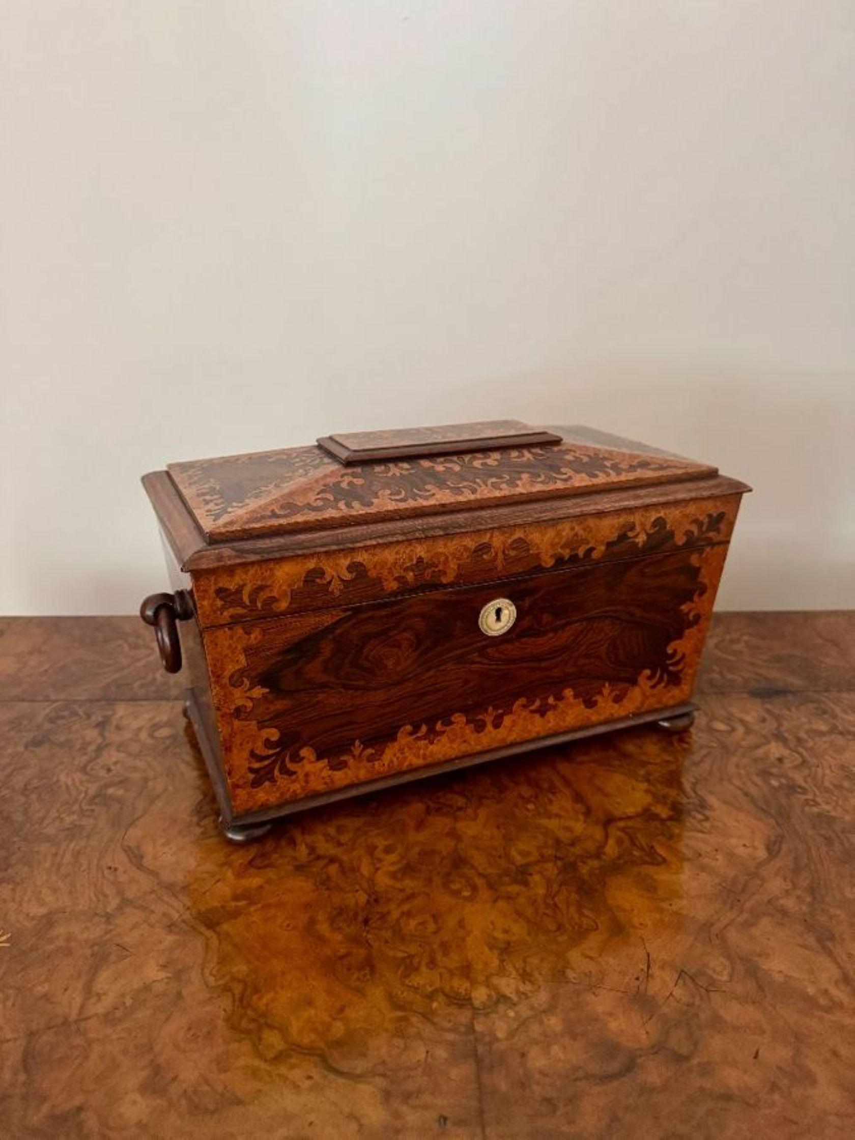 Outstanding quality antique Victorian rosewood and burr maple tea caddy For Sale 3