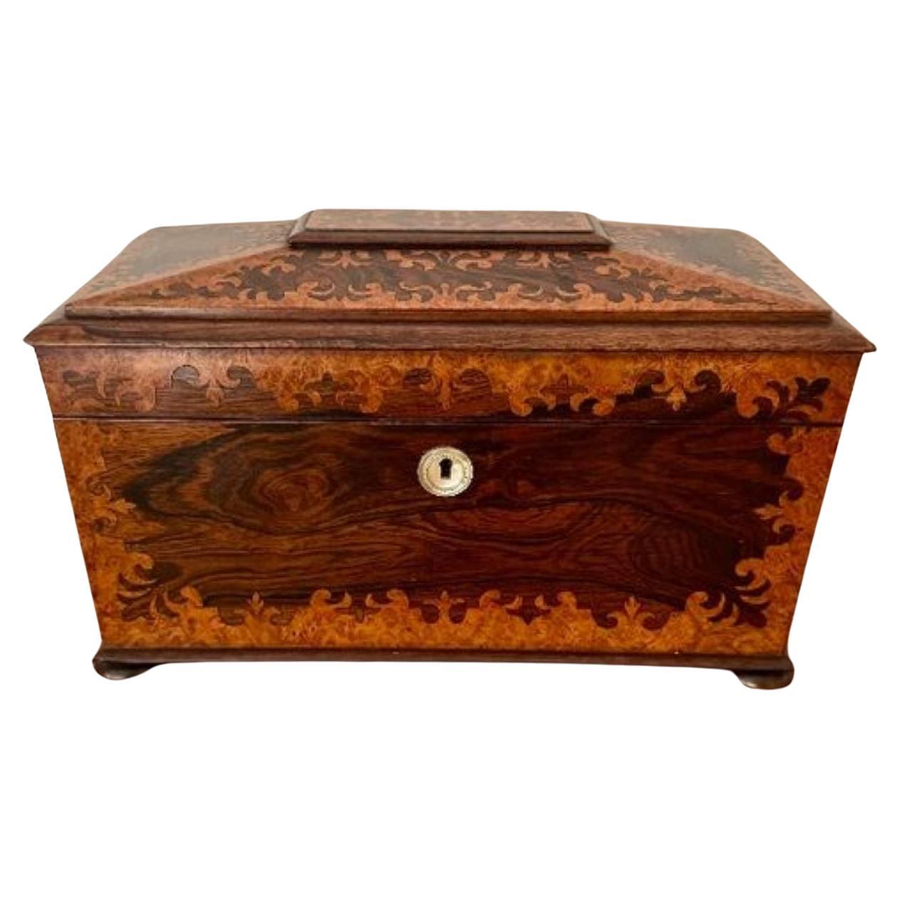 Outstanding quality antique Victorian rosewood and burr maple tea caddy For Sale