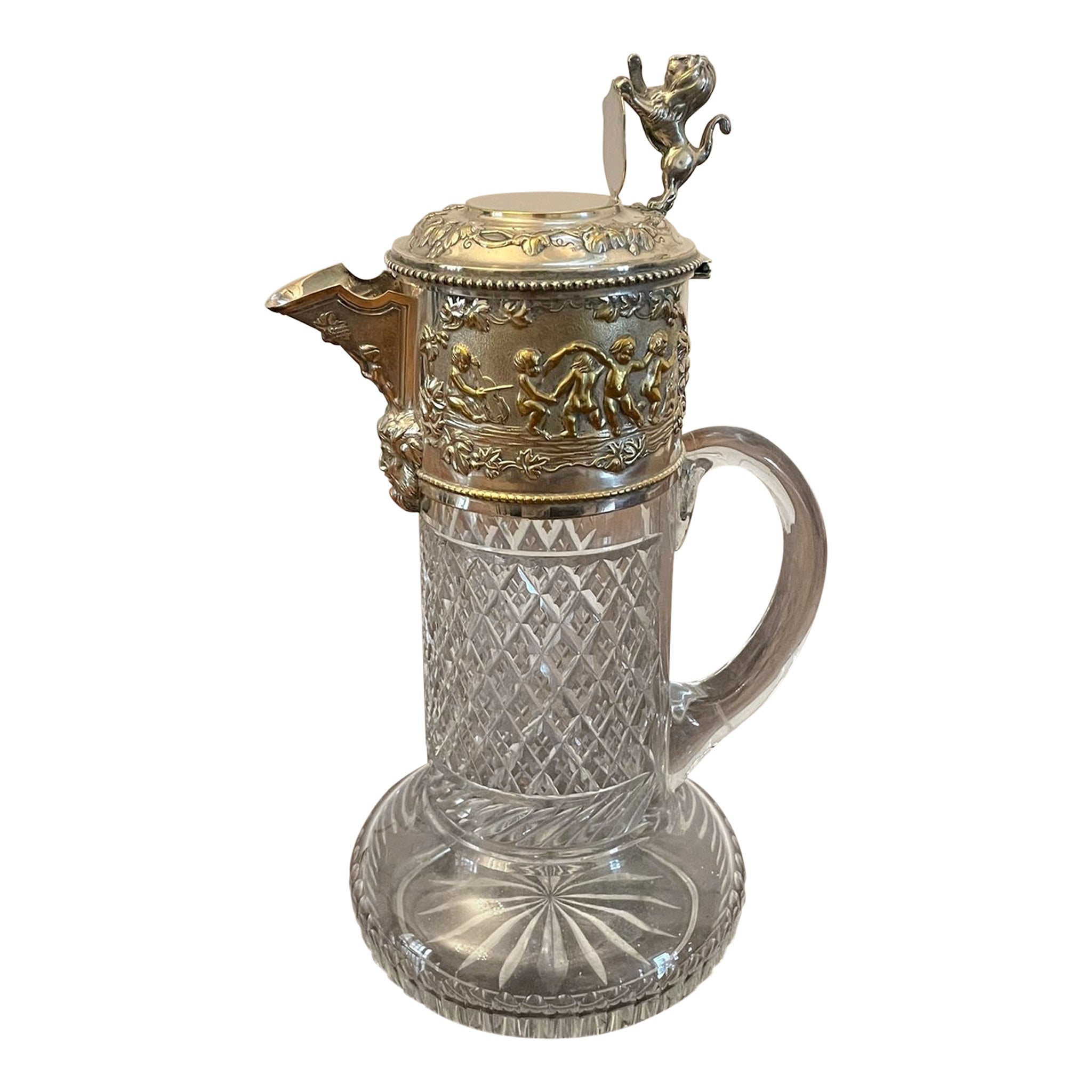 Pichet à vin victorien ancien de qualité exceptionnelle en verre taillé plaqué argent