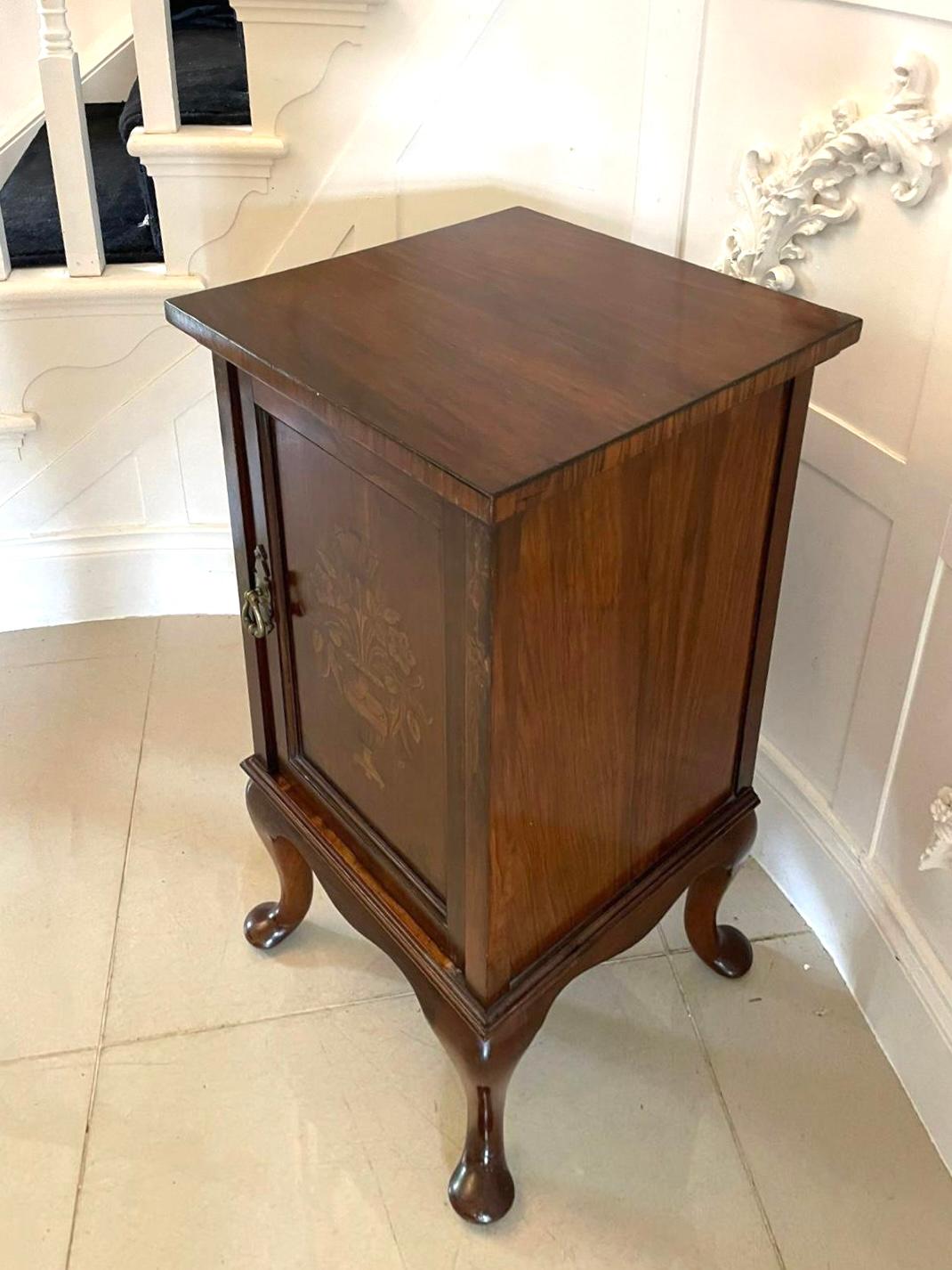Outstanding Quality Antique Walnut Floral Marquetry Inlaid Bedside Cabinet For Sale 1