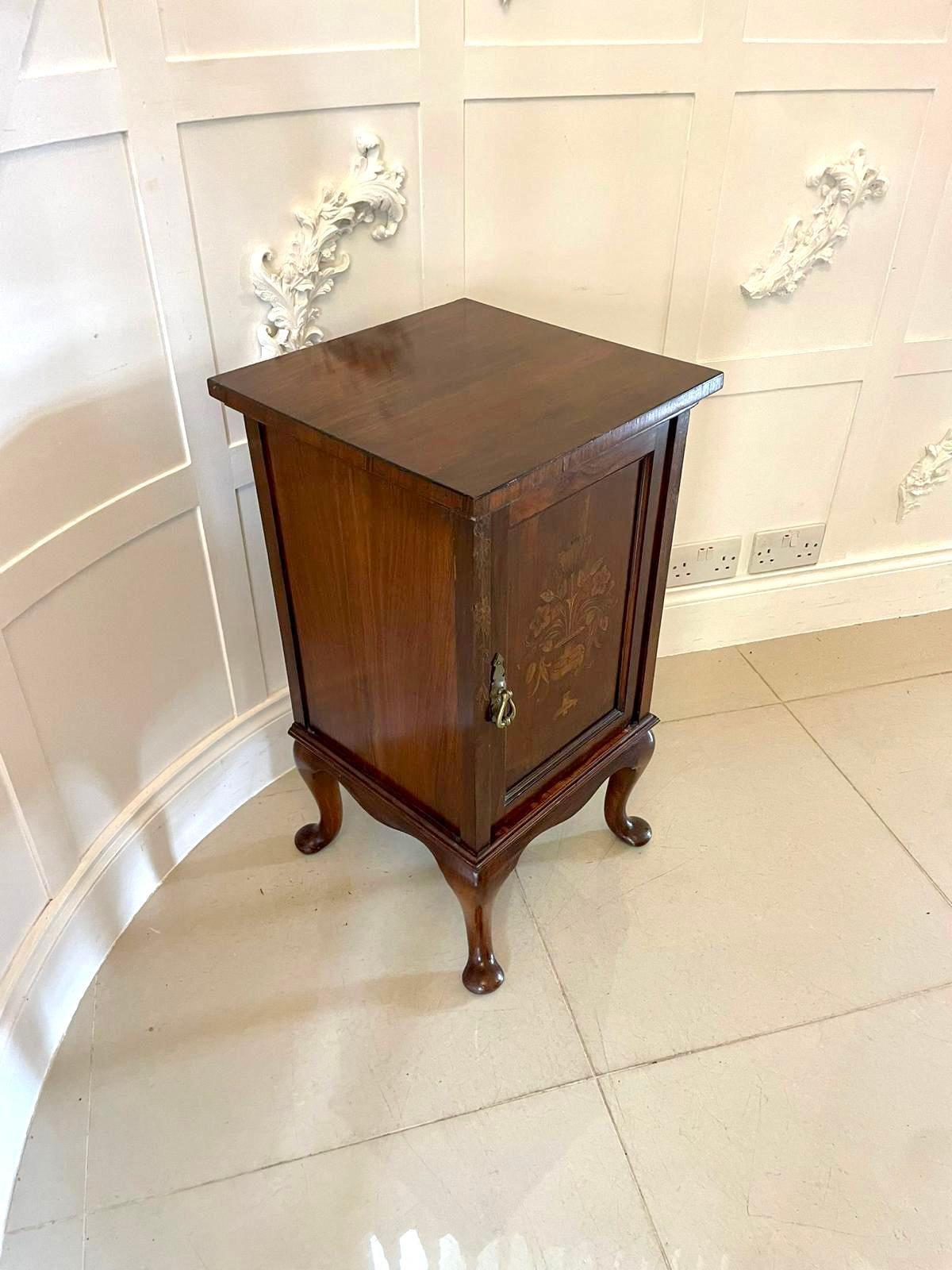 Outstanding Quality Antique Walnut Floral Marquetry Inlaid Bedside Cabinet For Sale 2