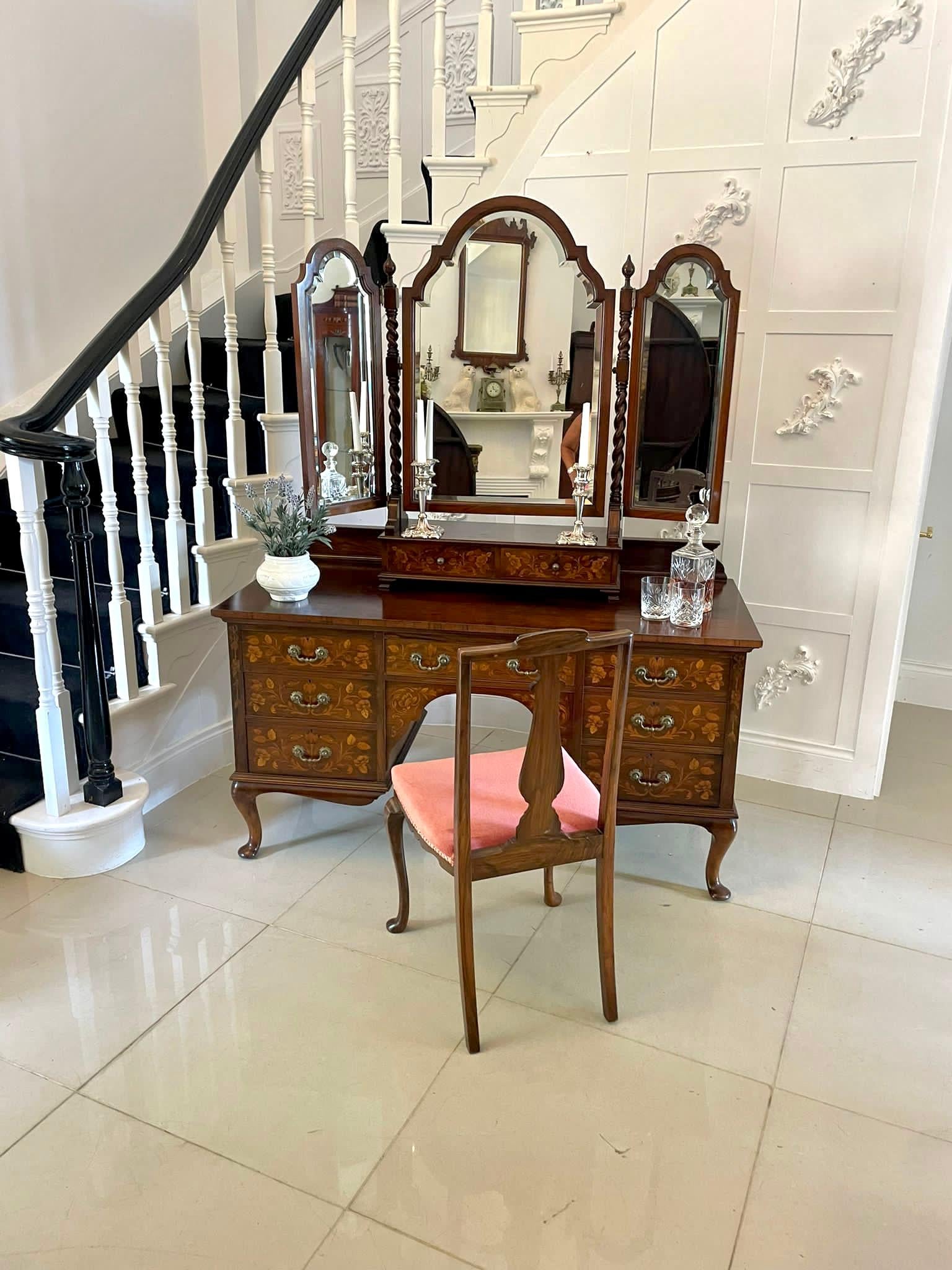 Outstanding Quality Antique Walnut Floral Marquetry Inlaid Dressing Table For Sale 5