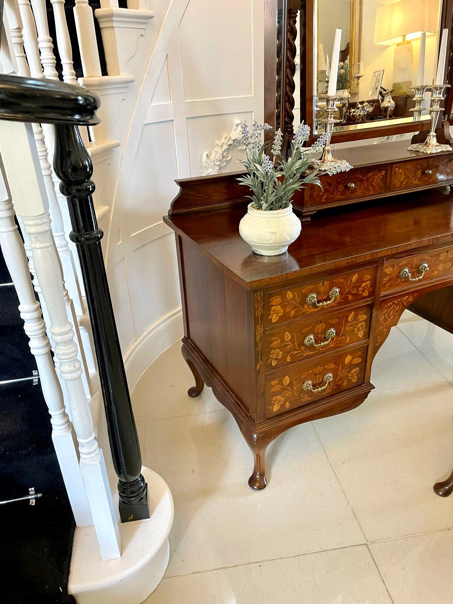 English Outstanding Quality Antique Walnut Floral Marquetry Inlaid Dressing Table For Sale