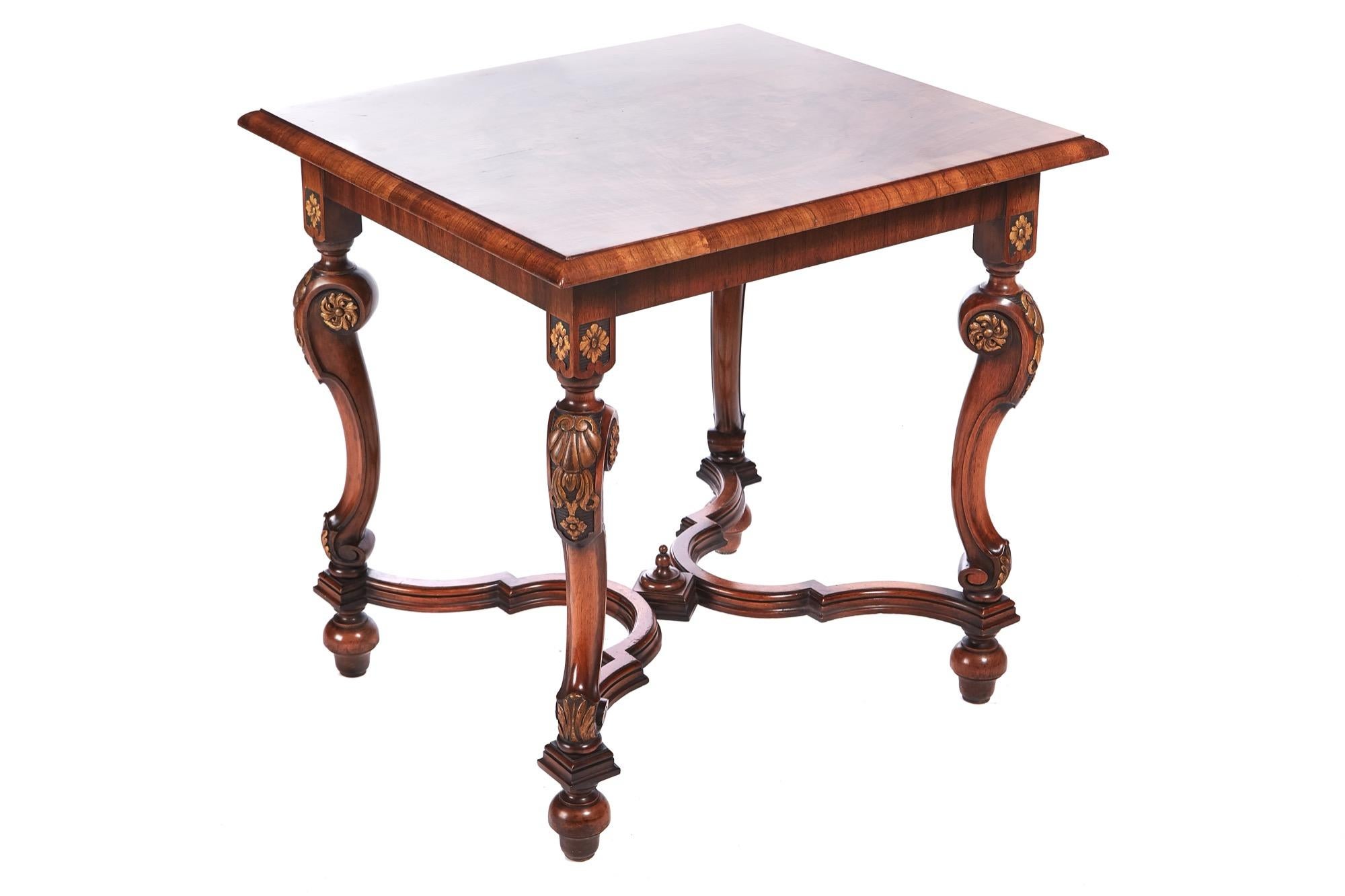 Outstanding quality burr walnut antique carved centre table having an outstanding burr walnut top, cross banded in walnut with a molded edge, supported by 4 shaped solid walnut cabriole legs with gilt carved decoration untied by a shaped solid