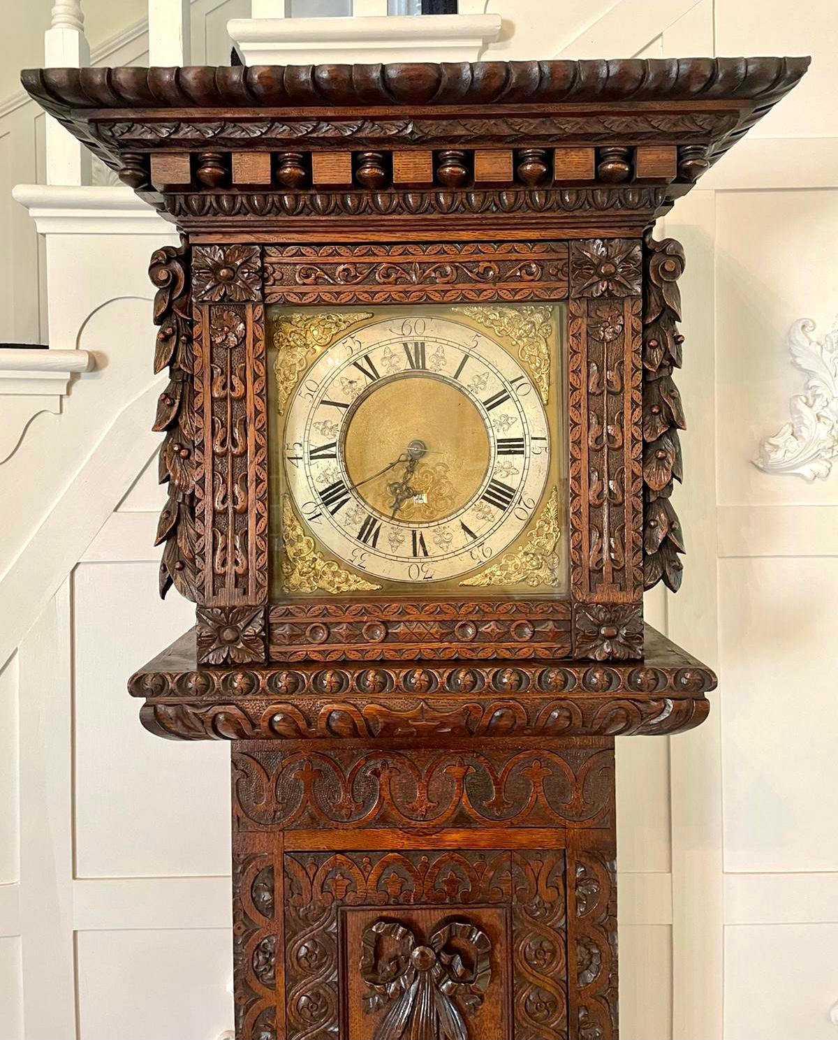 Outstanding Quality Carved Oak Brass Face Grandfather Clock 3