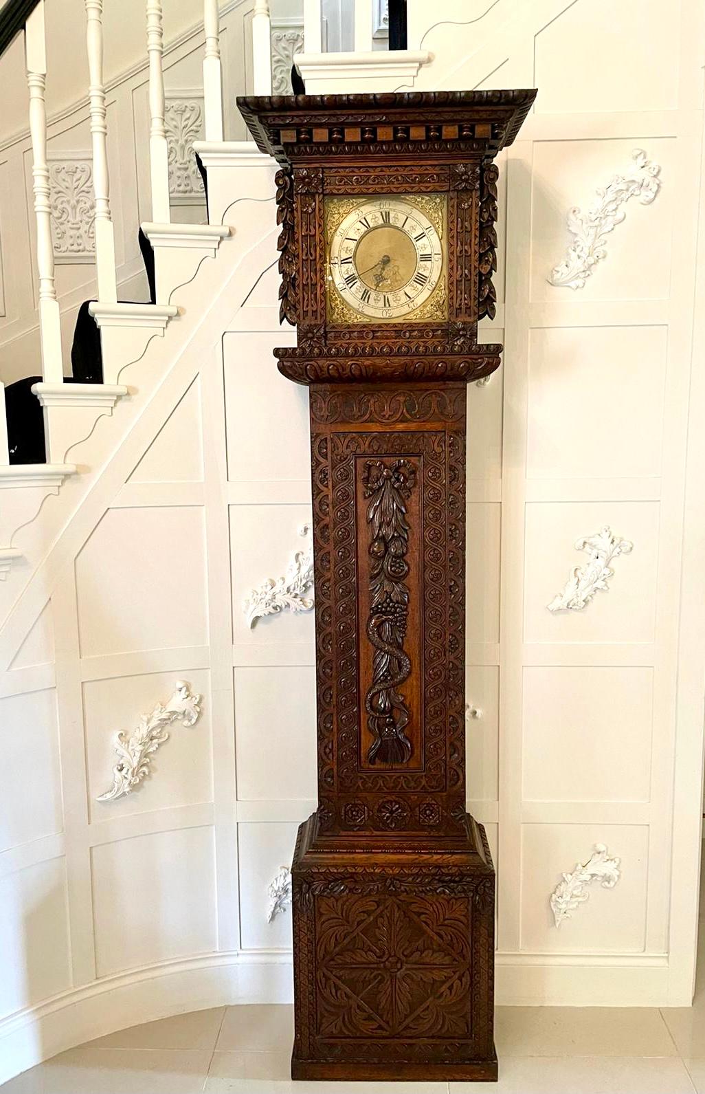 Outstanding Quality Carved Oak Brass Face Grandfather Clock 8