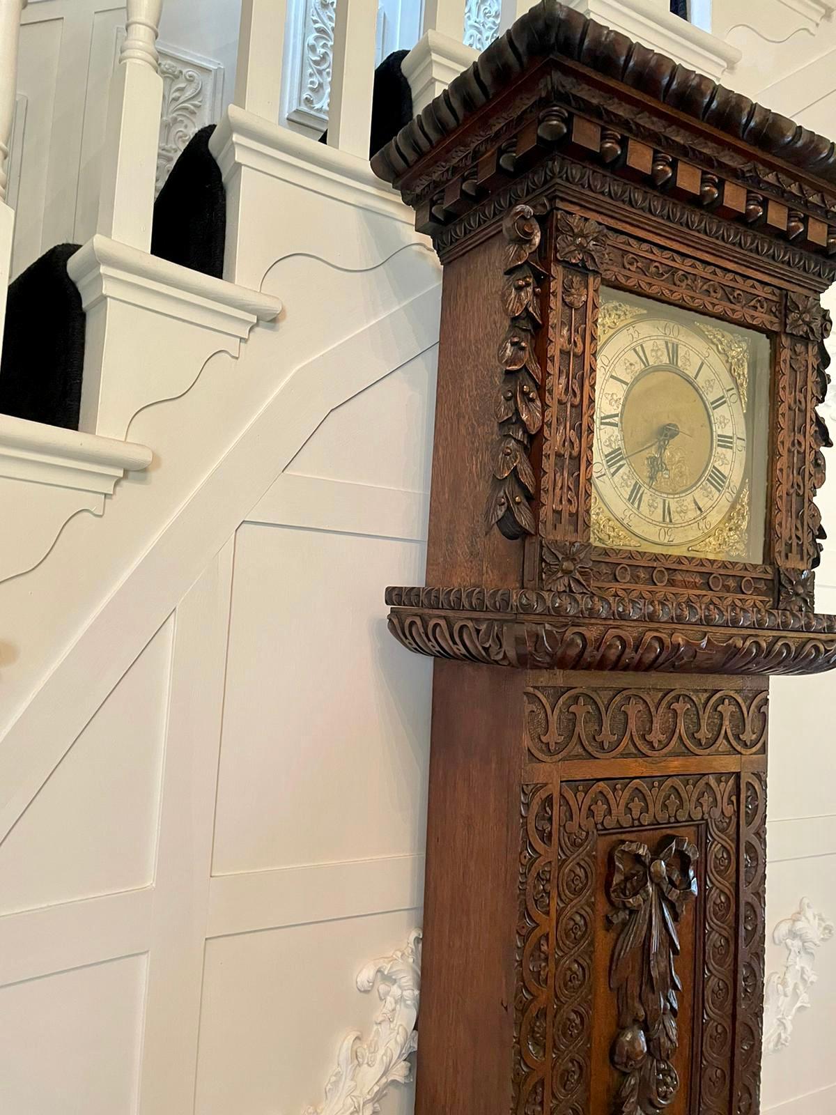 Outstanding Quality Carved Oak Brass Face Grandfather Clock In Good Condition In Suffolk, GB