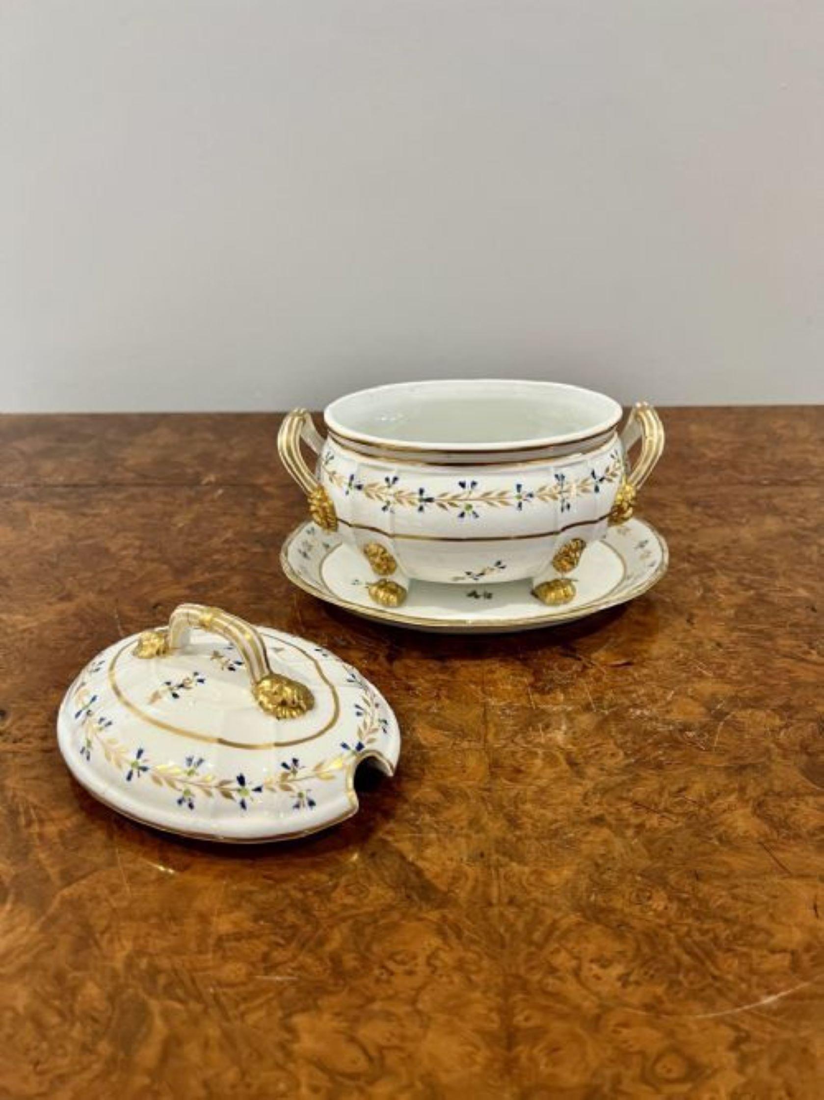 Outstanding quality early 19th century crown derby tureen and cover, outstanding quality early 19th century crown derby tureen and cover with the original stand, wonderful hand painted decoration in blue, green and gold colours with gilded gold
